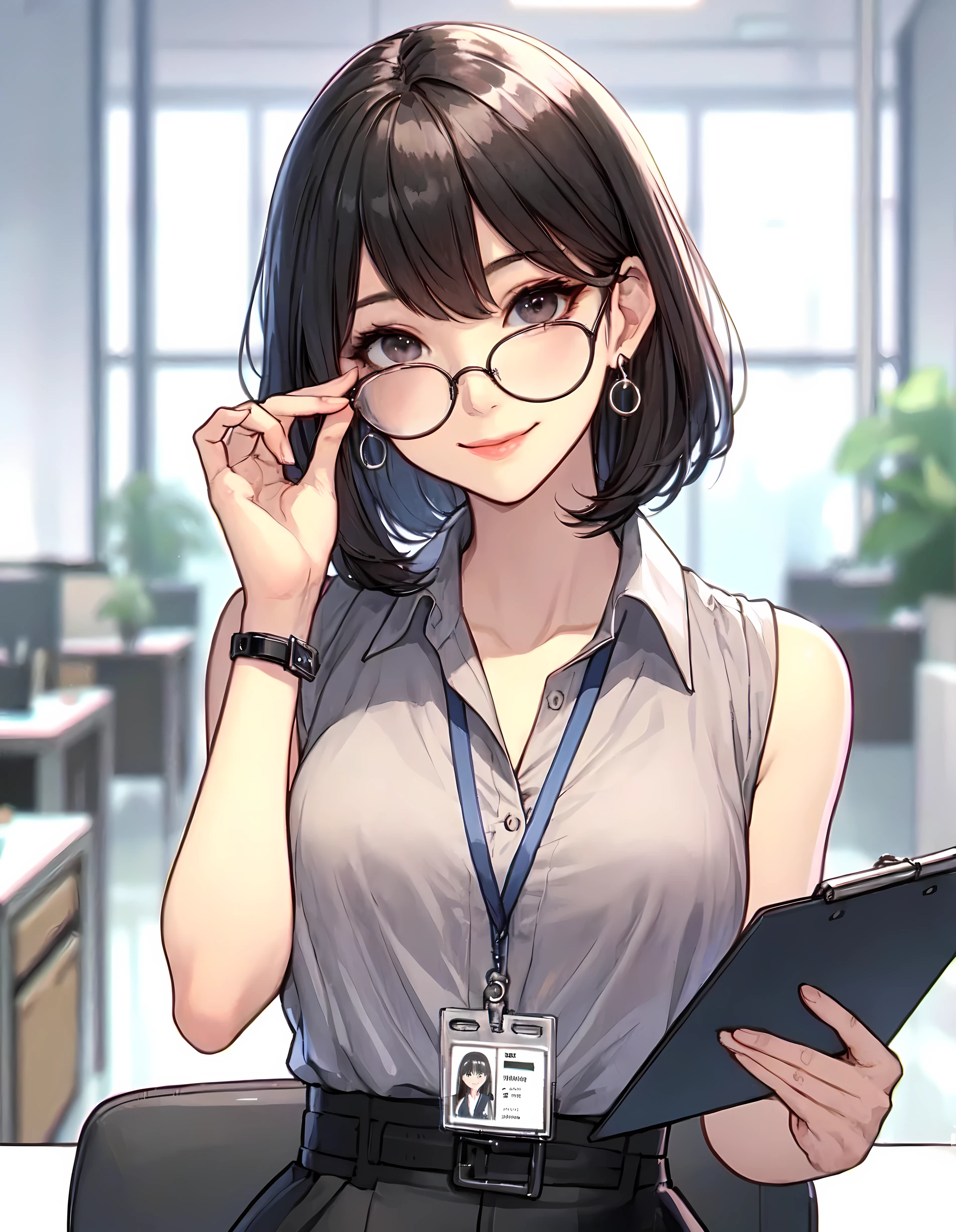 1lady sitting, (touching edge of glasses with fingertips), secretary, (office casual) sleeveless, stylish outfit, (pencil skirt), (id card) lanyard, (mature female:0.8), /(black hair/) bangs, kind smile, (round glasses:1.1) eyewear, (masterpiece best quality:1.2) delicate illustration ultra-detailed, large breasts, (holding clipboard) BREAK (executive office) indoors, office, detailed background