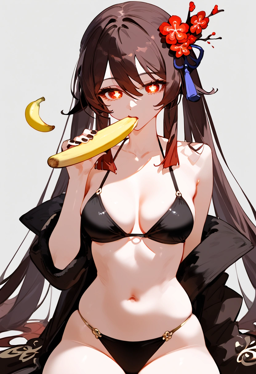 anime artwork, score_9, score_8_up, score_7_up, score_6_up, score_5_up, score_4_up, hu tao, she is 24 years old, style_3, gray background, , , , , _, , sit, , solo, bikini, eats banana, banana peel