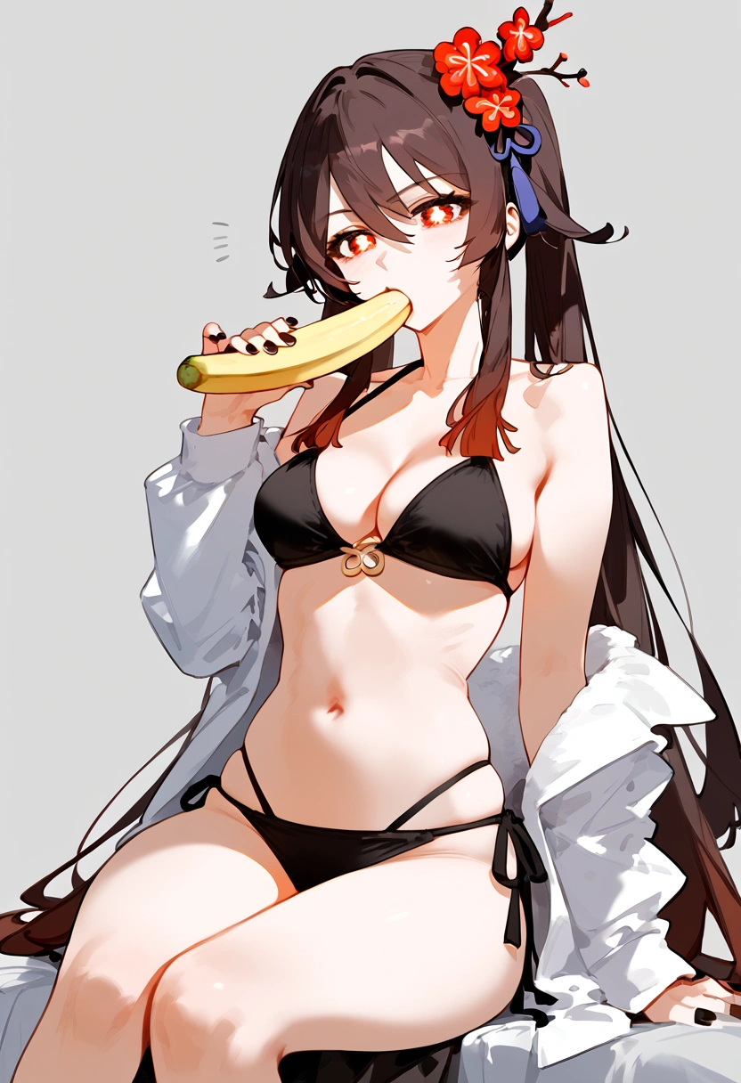anime artwork, score_9, score_8_up, score_7_up, score_6_up, score_5_up, score_4_up, hu tao, she is 24 years old, style_3, gray background, , , , , _, , sit, , solo, bikini, eats banana, banana peel