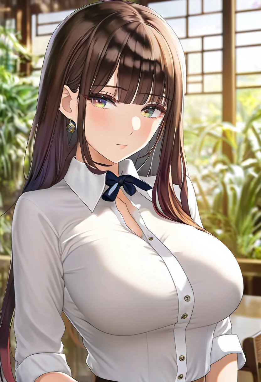 masterpiece, Highest quality, Highest quality　Japanese Face　whole body　A fitted white shirt made of satin　Buttoned collar　Big Breasts　beautiful girl　Tight Skirt