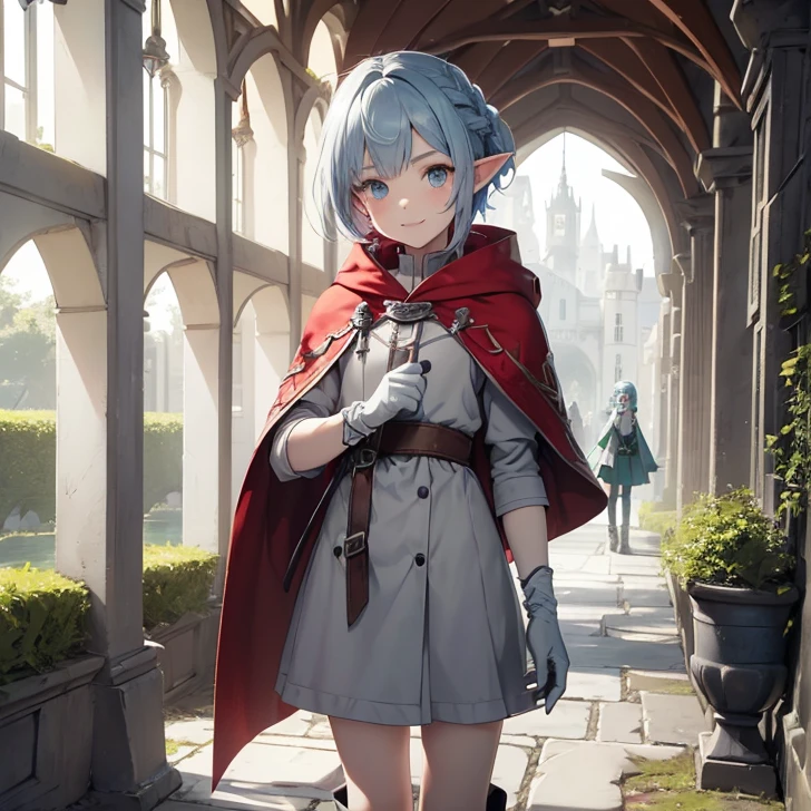 (Absurdres, best high quality, very detailed pixels and textures, carefully detailed quality, solo character alone, full character view)
{1character 9 years old elf boy}, he has pale skin, thick messy blue pure-blue hair, heterochromatic eyes, very thin lips, short body, cute arms, cute legs, (wearing a pale grey tunic, red red cloak, pale grey bracelets, grey gloves, pale grey boots, red and green hair pin), (holding a short silver knife), beautiful ???, cute face, relaxed smile, adorable, cheerful.
Standing in dannish castle yard.