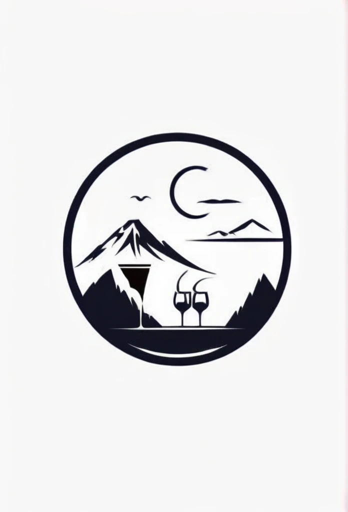 Mountains in Japan々Located deep in the mountains、A stylish dining bar logo with a distorted leaf logo、Two cute little fairies having drinks at a bar. A cool design with depth and naturalness. Chic and modern design. Monotone background, pure white.