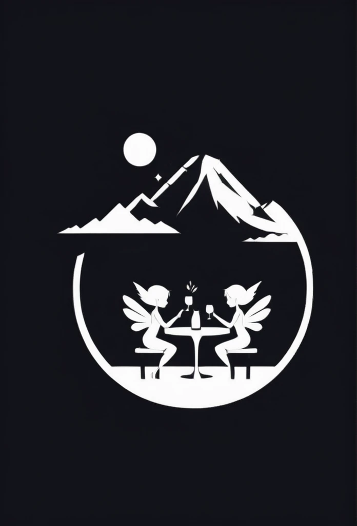 Mountains in Japan々Located deep in the mountains、A stylish dining bar logo with a distorted leaf logo、Two cute little fairies having drinks at a bar. A cool design with depth and naturalness. Chic and modern design. Monotone background, pure white.
