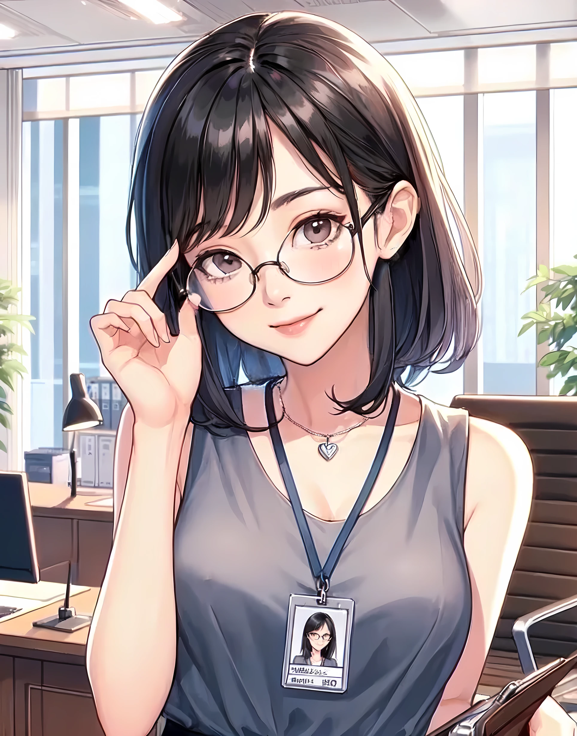 1lady standing, (touching edge of glasses with fingertips), secretary, (office casual) sleeveless, stylish outfit, (pencil skirt), (id card) lanyard, (mature female:0.8), /(light black hair/) bangs, blush kind smile, (round glasses:1.1) eyewear, (masterpiece best quality:1.2) delicate illustration ultra-detailed, large breasts, (holding clipboard) BREAK (executive office) indoors, office, detailed background