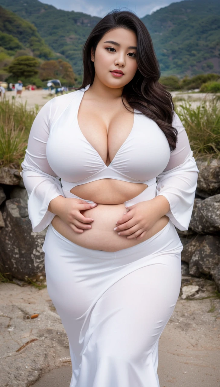 ((best quality)), ((masterpiece)), (detailed), perfect face, araffeTight skirtsShort , thicc, wavy short hair, she has a jiggly fat round belly, bbwchan, wearing tight simple clothes, skinny waist and thick hips, widest hips, her belly is fat and round, soft curvy shape, hyperrealistic full figure, wearing a cute top, wide hips, Blue swimsuit,On the beach by the seaBlue