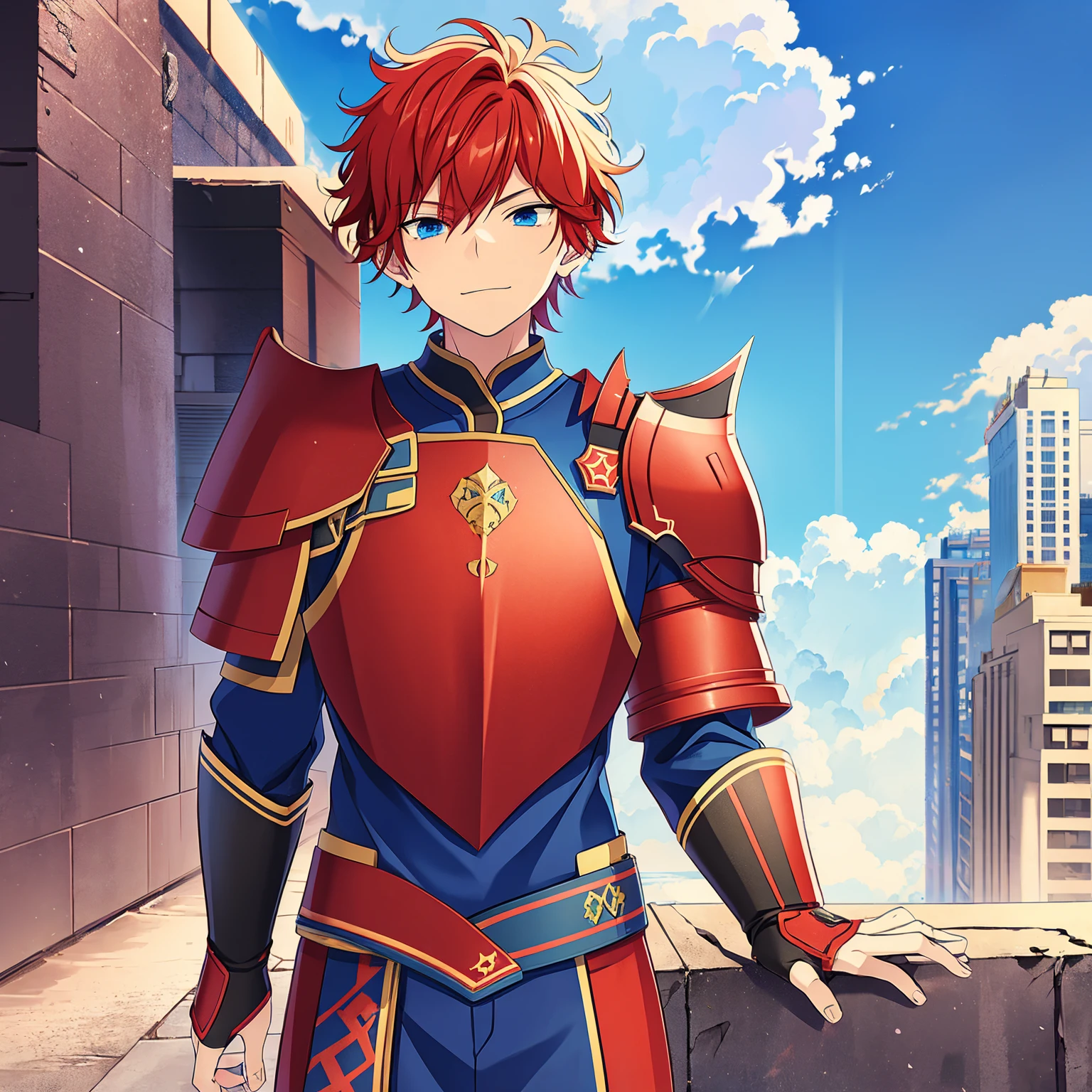 a boy, Red hair, blue colored eyes, red knight armor, heavy armor, posture would be, city in the background, No hero, 15year old, natta, closed sky, chest armor, focus from the waist up, avoid hands in the image, No hands, heroic smile.