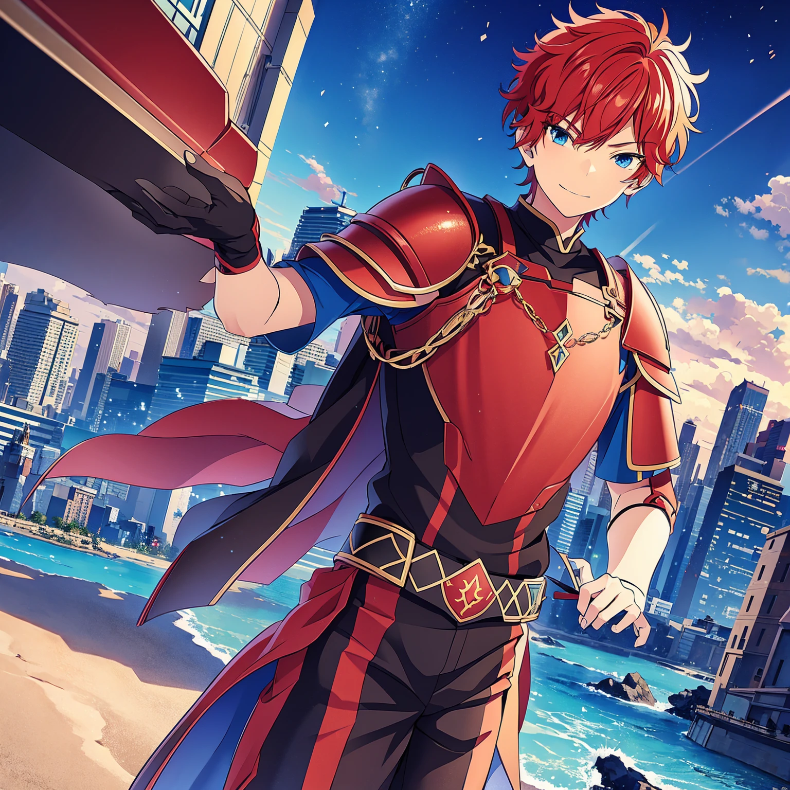 a boy, Red hair, blue colored eyes, red knight armor, heavy armor, posture would be, city in the background, No hero, 15year old, natta, closed sky, chest armor, focus from the waist up, avoid hands in the image, No hands, heroic smile.