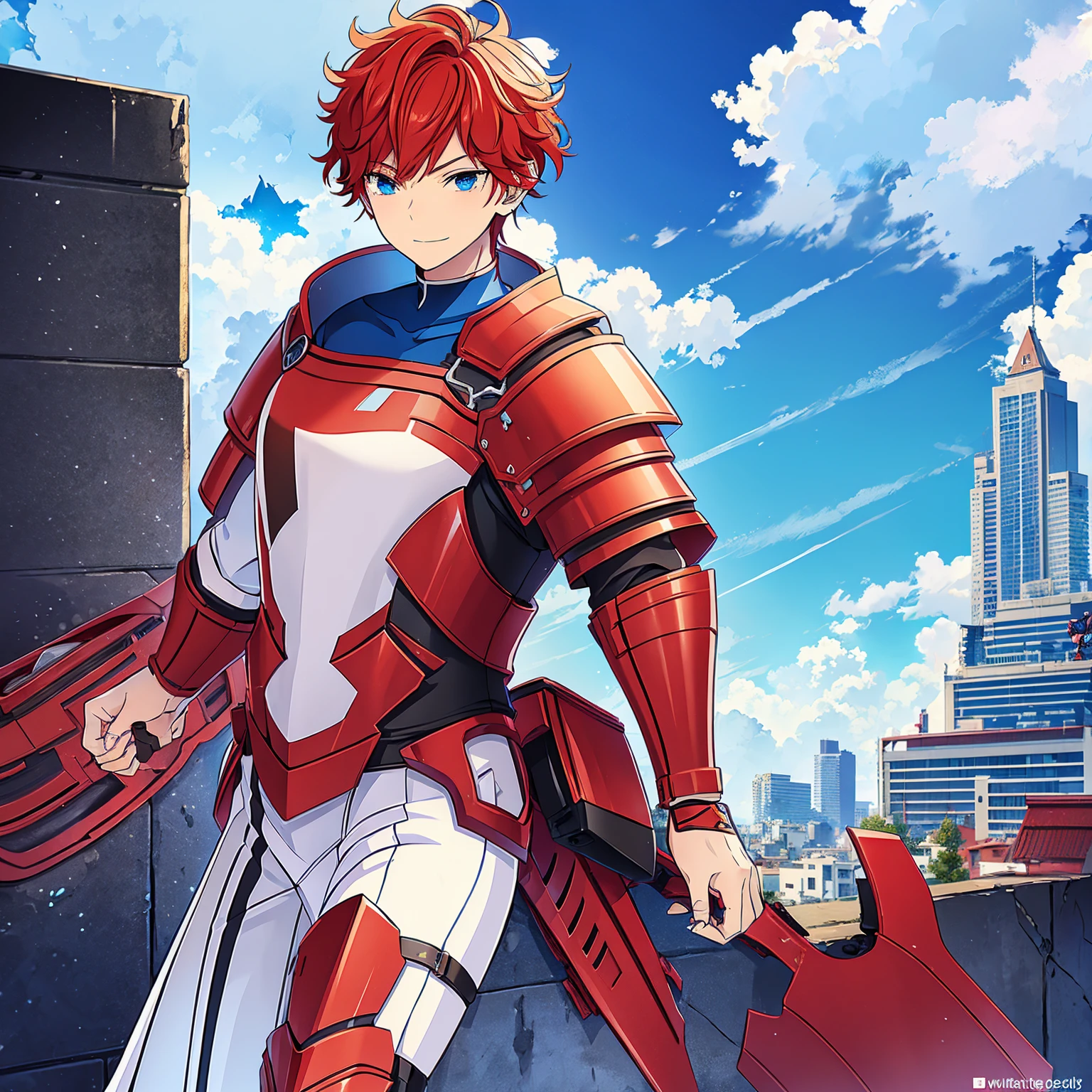 a boy, Red hair, blue colored eyes, red knight armor, heavy armor, posture would be, city in the background, No hero, 15year old, natta, closed sky, chest armor, focus from the waist up, avoid hands in the image, No hands, heroic smile.