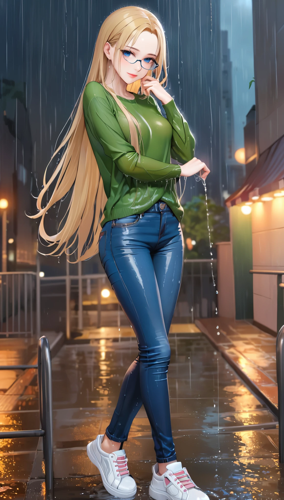 ((best quality, masterpiece:1.3, 8K)), (detailed), highly detailed face and skin texture, detailed eyes, downtown, rain, raining, in the rain, full body, seductive pose, slender body, 1girl, 25 years old, white skin, blue eyes, bright lips, seductive smile, blond hair, straight hair, long hair, (forehead:0.8), blue eyes, white croptop, no sleeves, navel, hard nipples, jeans pants, flares jeans, blue jeans, black heels, soakingwetclothes,