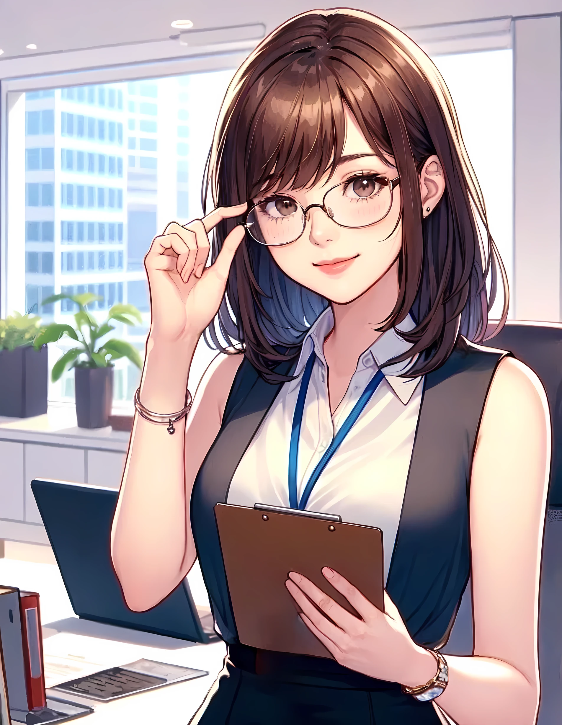 1lady standing, (touching edge of glasses with fingertips), secretary, (office casual) sleeveless, stylish outfit, (pencil skirt), (id card) lanyard, (mature female:0.8), /(brown hair/) bangs, blush kind smile, (round glasses:1.1) eyewear, (masterpiece best quality:1.2) delicate illustration ultra-detailed, large breasts, (holding clipboard) BREAK (executive office) indoors, office, detailed background