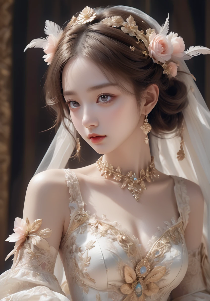 (photorealistic:1.5), (masterpiece, 8k raw photo, best quality:1.4),8k,Beautifully detailed delicate face, beautiful detailed delicate eyes, perfect facial proportions, high-detailed skin,Delicate girl,black eyes,flowers,glowing jewelry, ((whole body, including legs)),((Standing)),(open thighs),(open legs),rococo oil paintings,lace,bow,hem,hem,powder wig,gauze and satin,embroidery and beads,feathers and flowers,bright ribbons,fan,rococo oil paintings,shell patterns,design,asymmetric design,mirrors,mural and ceiling paintings,color,gold,gold,tender,gorgeous,high,incredibly absurd,clarity enhancement,detail reinforcement,