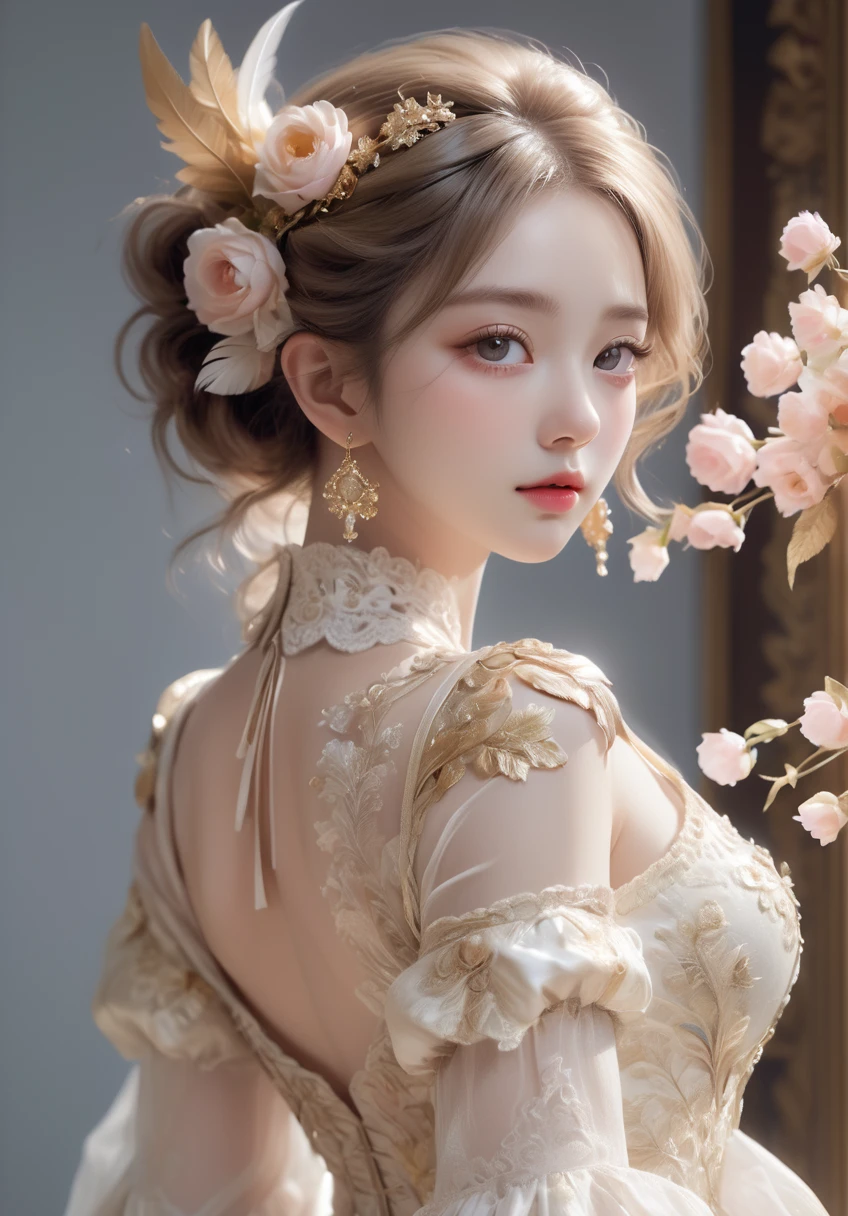 (photorealistic:1.5), (masterpiece, 8k raw photo, best quality:1.4),8k,Beautifully detailed delicate face, beautiful detailed delicate eyes, perfect facial proportions, high-detailed skin,Delicate girl,black eyes,flowers,glowing jewelry, ((whole body, including legs)),((Standing)),(open thighs),(open legs),rococo oil paintings,lace,bow,hem,hem,powder wig,gauze and satin,embroidery and beads,feathers and flowers,bright ribbons,fan,rococo oil paintings,shell patterns,design,asymmetric design,mirrors,mural and ceiling paintings,color,gold,gold,tender,gorgeous,high,incredibly absurd,clarity enhancement,detail reinforcement,