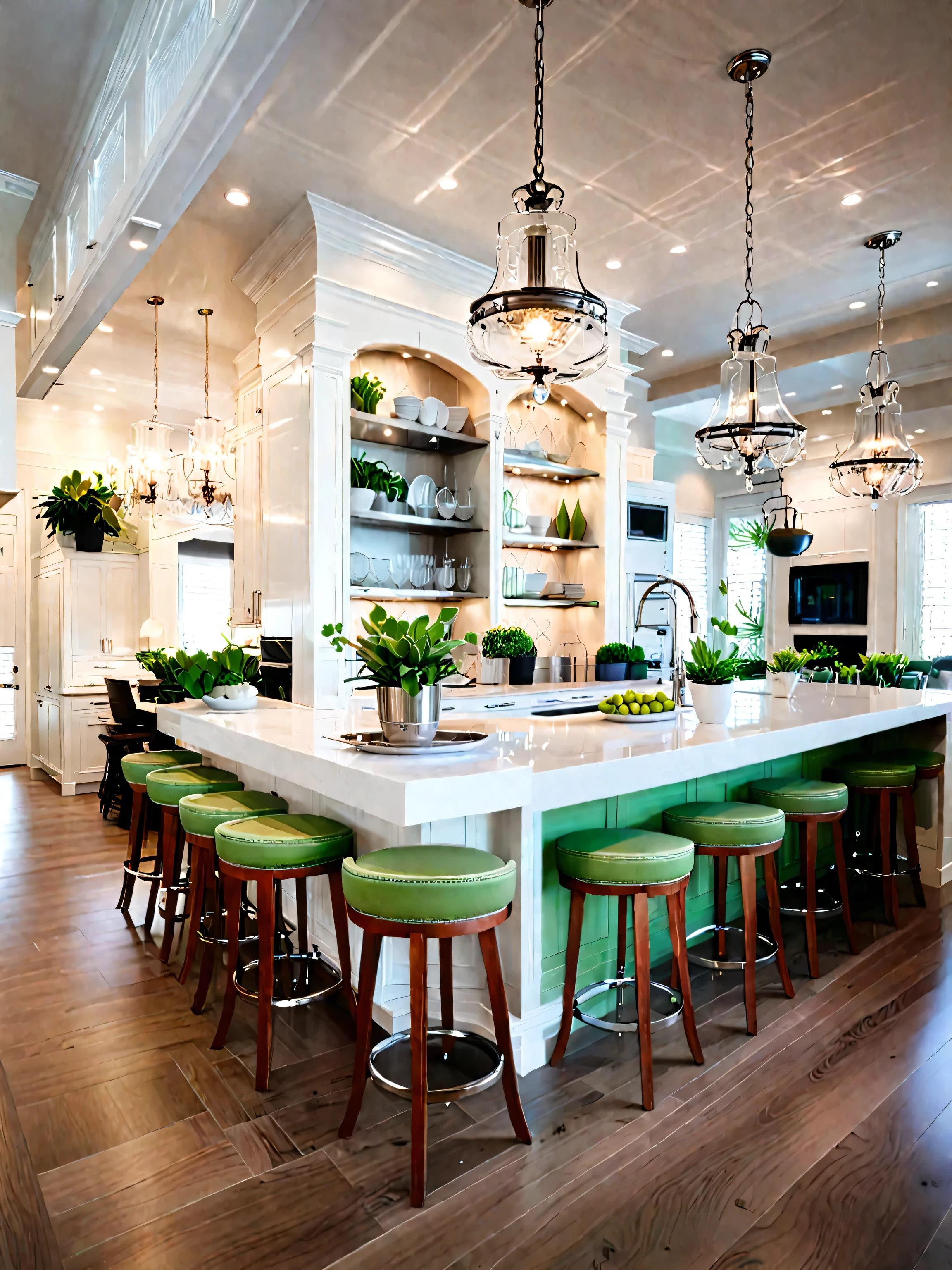 
"Modern kitchen, light white, soft ambient lighting, crystal chandelier, stainless steel appliances, small dining table, wooden chairs, green potted plant, refined cabinetry."