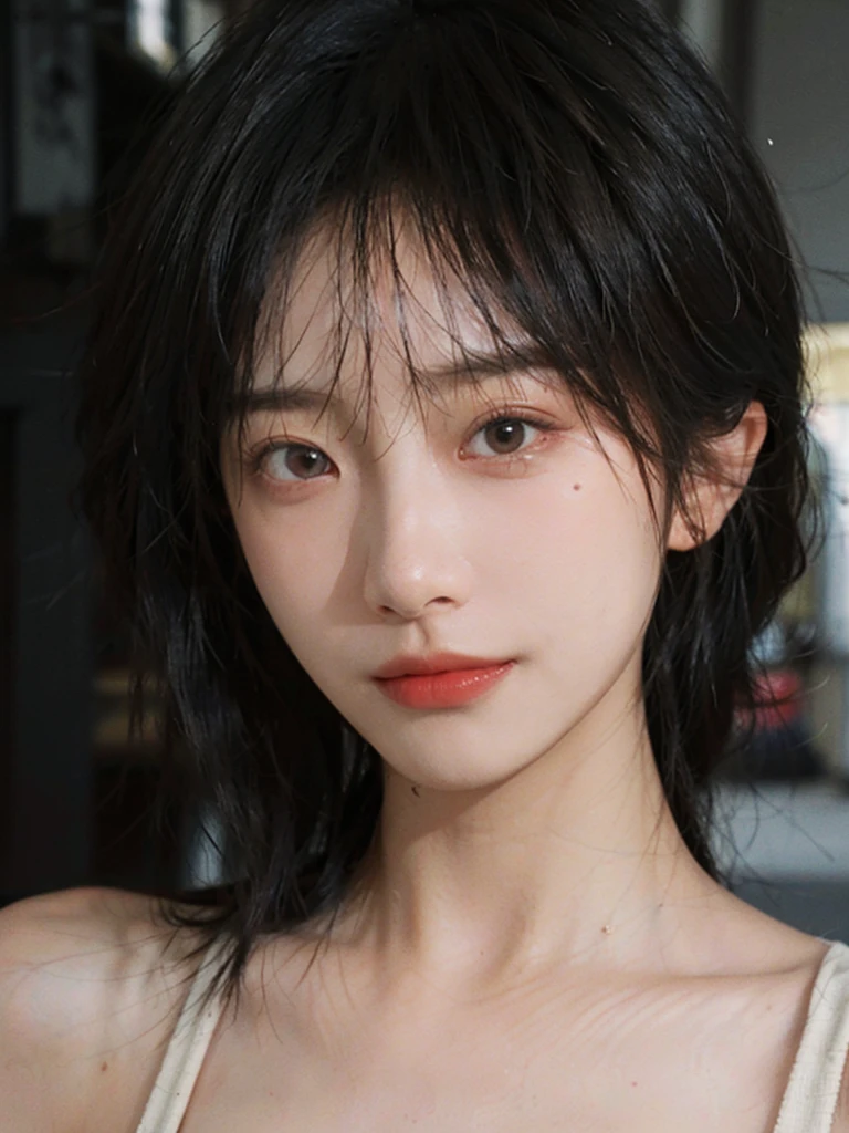 1 girl,short hair,A faint smile,serene, calm,Suspenders,Moles under the eyes,Exquisite eyes, Delicate face,Lipstick,earrings,Hair details, (Large Breasts:1.0),outdoor,background,城市background,(Skin details:1.4),(Realistic and detailed eyes:1.2), Natural skin texture, Realistic facial details,Close-up of face,Portrait Photography,(Portrait Photography:1.1), (smooth skin textures:1.3), (Highest quality real skin textures:1.4), Direct vision,Soft dramatic lighting, Vivid details, 35 mm film, (Photo Practical:1.4), (hyper Practical:1.4), (Practical:1.3), (Smoother lighting:1.05), (Improve lighting quality:0.9), (Enhance the beauty of skin texture:1.1), Depth of Field, Bokeh, Surrealism, Ray Tracing, ( Surrealism, High Detail, Chiaroscuro, Ray Tracing, reflected light, Ultra HD, Ultra HD, masterpiece, Textured Skin, Super Detail, High Detail, high quality, best quality
