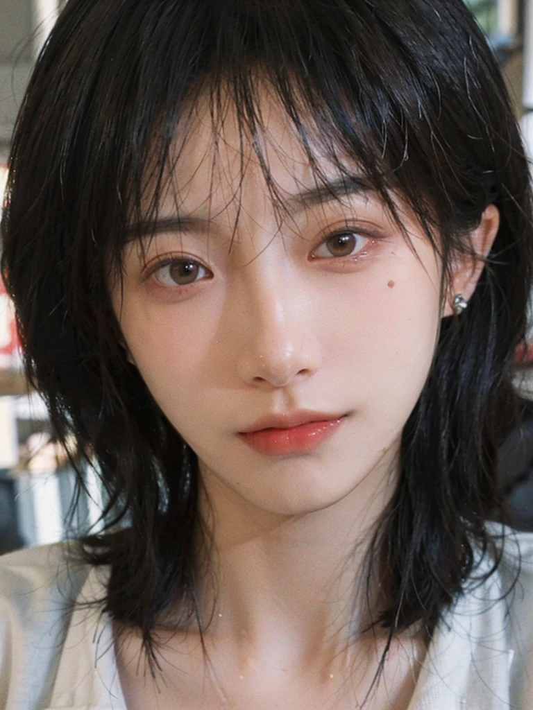 1 girl，short hair,A faint smile,serene, calm,Suspenders，Moles under the eyes,Exquisite eyes, Delicate face,Lipstick,earrings,Hair details, (Large Breasts:1.0),outdoor,background,城市background，(Skin details:1.4),(Realistic and detailed eyes：1.2）, Natural skin texture, Realistic facial details,Close-up of face,Portrait Photography,(Portrait Photography:1.1), (smooth skin textures:1.3), (Highest quality real skin textures:1.4), Direct vision,Soft dramatic lighting, Vivid details, 35 mm film, (Photo Practical:1.4), (hyper Practical:1.4), (Practical:1.3), (Smoother lighting:1.05), (Improve lighting quality:0.9), (Enhance the beauty of skin texture:1.1), Depth of Field, Bokeh, Surrealism, Ray Tracing, ( Surrealism, High Detail, Chiaroscuro, Ray Tracing, reflected light, Ultra HD, Ultra HD, masterpiece, Textured Skin, Super Detail, High Detail, high quality, best quality