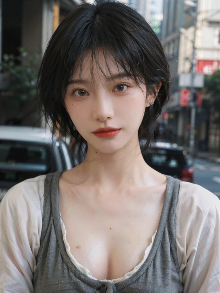 1 girl，short hair,A faint smile,serene, calm,Suspenders，Moles under the eyes,Exquisite eyes, Delicate face,Lipstick,earrings,Hair details, (Large Breasts:1.0),outdoor,background,城市background，(Skin details:1.4),(Realistic and detailed eyes：1.2）, Natural skin texture, Realistic facial details,Close-up of face,Portrait Photography,(Portrait Photography:1.1), (smooth skin textures:1.3), (Highest quality real skin textures:1.4), Direct vision,Soft dramatic lighting, Vivid details, 35 mm film, (Photo Practical:1.4), (hyper Practical:1.4), (Practical:1.3), (Smoother lighting:1.05), (Improve lighting quality:0.9), (Enhance the beauty of skin texture:1.1), Depth of Field, Bokeh, Surrealism, Ray Tracing, ( Surrealism, High Detail, Chiaroscuro, Ray Tracing, reflected light, Ultra HD, Ultra HD, masterpiece, Textured Skin, Super Detail, High Detail, high quality, best quality