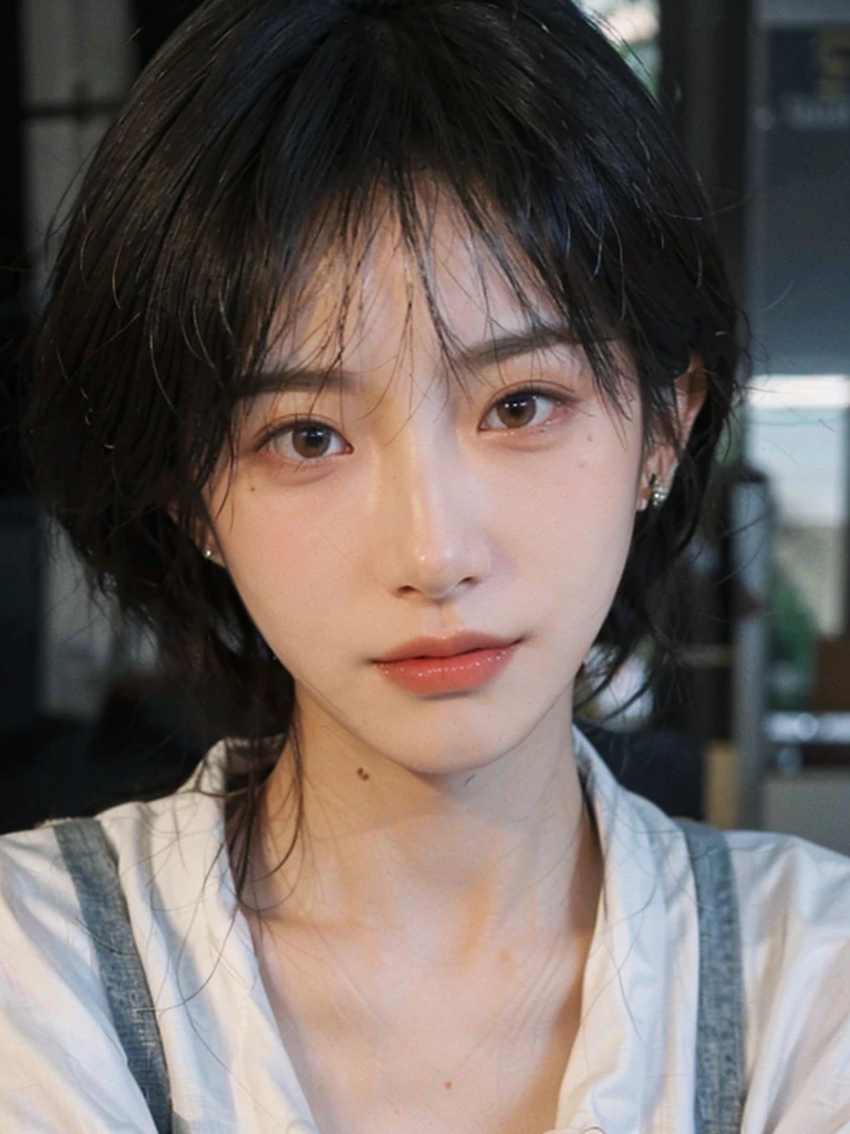 1 girl,short hair,A faint smile,serene, calm,Suspenders,Moles under the eyes,Exquisite eyes, Delicate face,Lipstick,earrings,Hair details, (Large Breasts:1.0),outdoor,background,城市background,(Skin details:1.4),(Realistic and detailed eyes:1.2), Natural skin texture, Realistic facial details,Close-up of face,Portrait Photography,(Portrait Photography:1.1), (smooth skin textures:1.3), (Highest quality real skin textures:1.4), Direct vision,Soft dramatic lighting, Vivid details, 35 mm film, (Photo Practical:1.4), (hyper Practical:1.4), (Practical:1.3), (Smoother lighting:1.05), (Improve lighting quality:0.9), (Enhance the beauty of skin texture:1.1), Depth of Field, Bokeh, Surrealism, Ray Tracing, ( Surrealism, High Detail, Chiaroscuro, Ray Tracing, reflected light, Ultra HD, Ultra HD, masterpiece, Textured Skin, Super Detail, High Detail, high quality, best quality