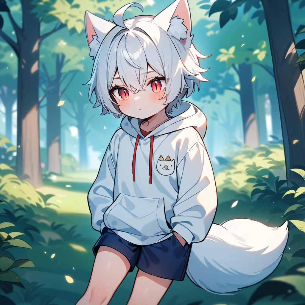 （masterpiece：1.2，high quality），8K，High resolution，A seven-year-old boy，cute boy，white hair，short hair，light red eyes，slit pupils， ahoge，cat ears，expressionless eyes，Halation，Wearing a white hoodie，Dark blue shorts，Stand in the forest，There are flowering trees on both sides.，primary school student，thigh，alone，fox tail，（Put your hands in your pockets）