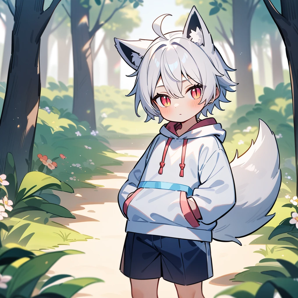 (masterpiece:1.2,high quality),8K,High resolution,A boy,cute boy,white hair,short hair,light red eyes,slit pupils, ahoge,cat ears,expressionless eyes,Halation,Wearing a white hoodie,Dark blue shorts,Stand in the forest,There are flowering trees on both sides.,primary school student,thigh,alone,fox tail,(Put your hands in your pockets)