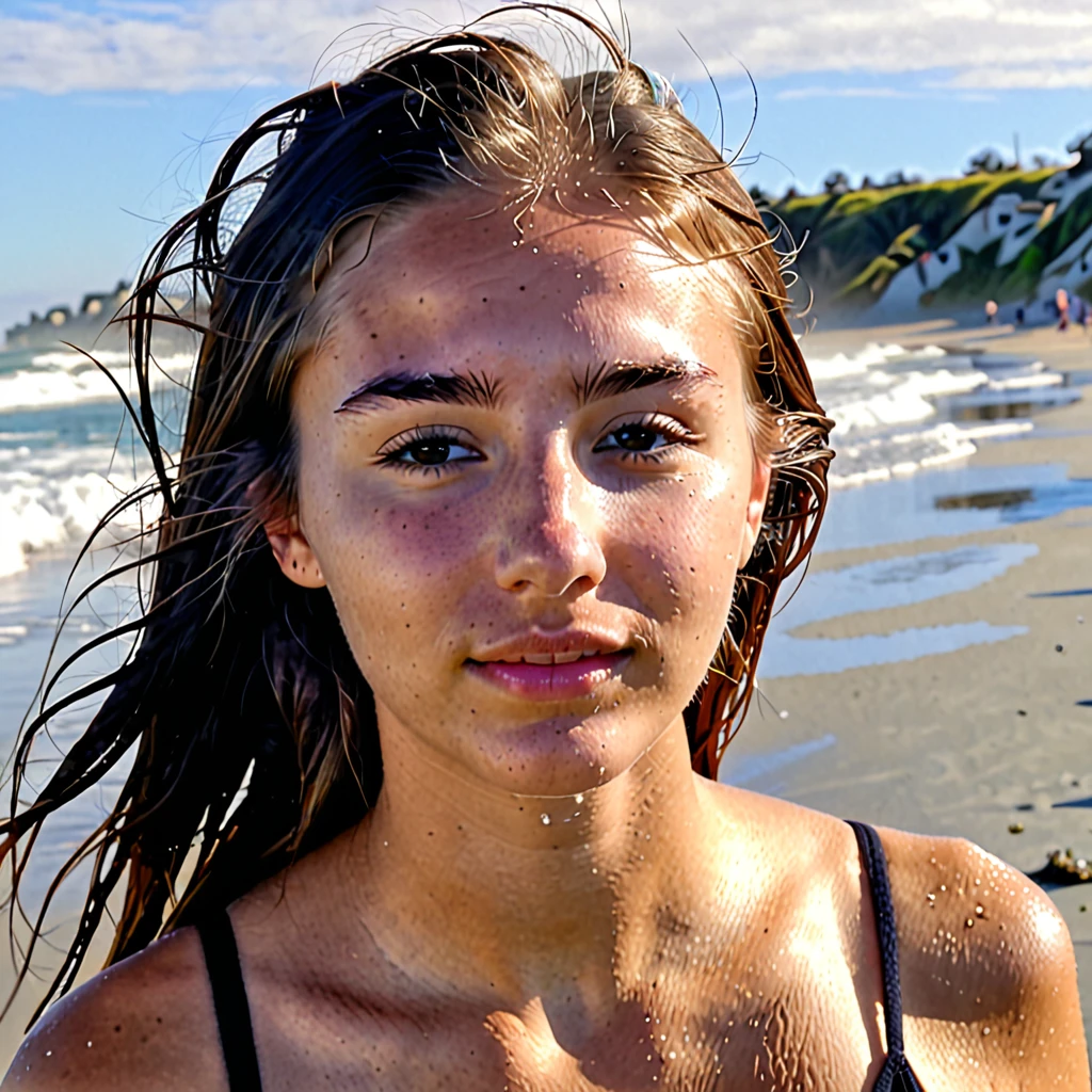Shy young woman after her first facial cumshot, ocean beach