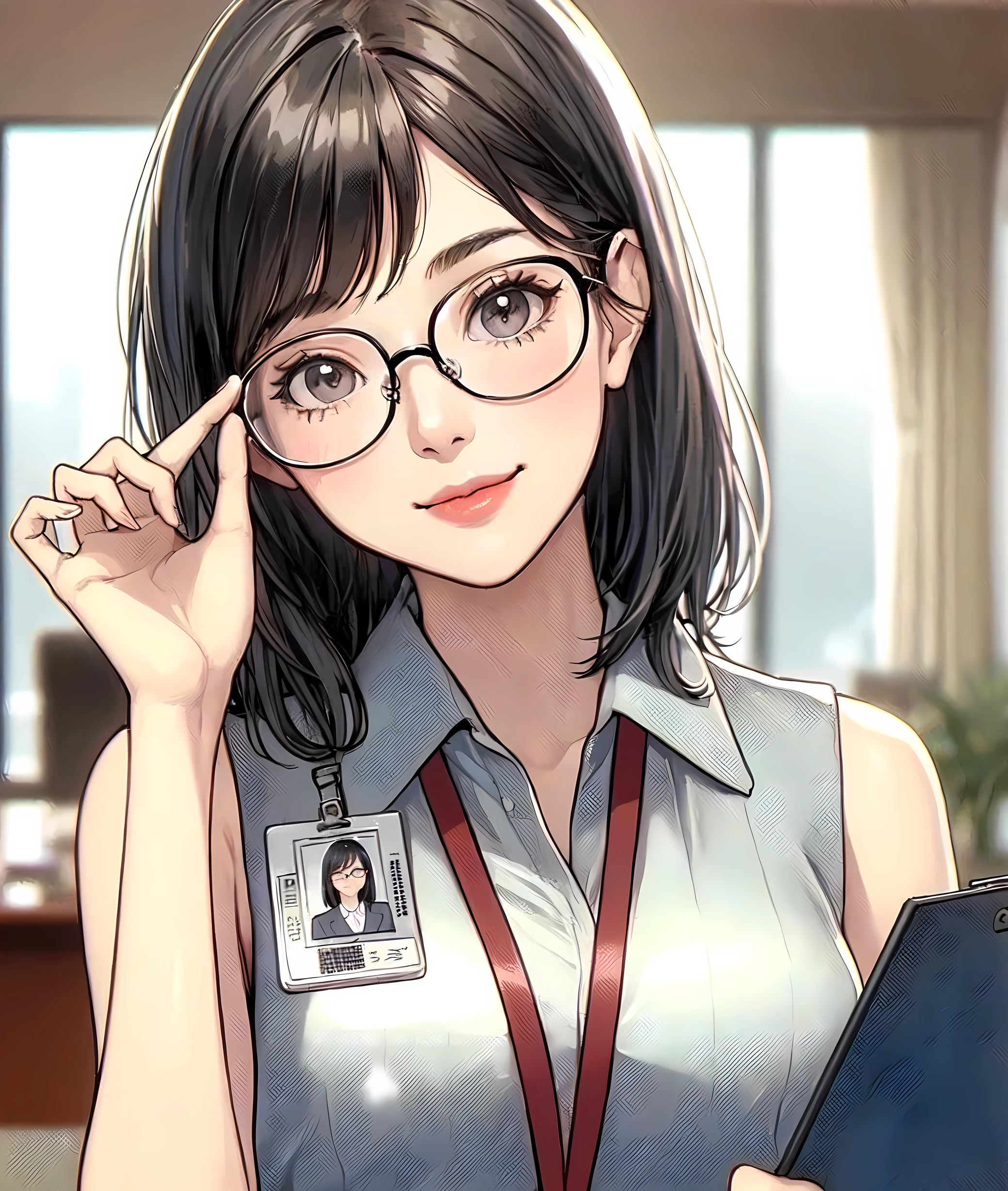 1lady standing, (touching edge of glasses with fingertips), secretary, (office casual) sleeveless, stylish outfit, (pencil skirt), (id card) lanyard, (mature female:0.8), /(light black hair/) bangs, blush kind smile, (round glasses:1.1) eyewear, (masterpiece best quality:1.2) delicate illustration ultra-detailed, large breasts, (holding clipboard) BREAK (executive office) indoors, office, detailed background