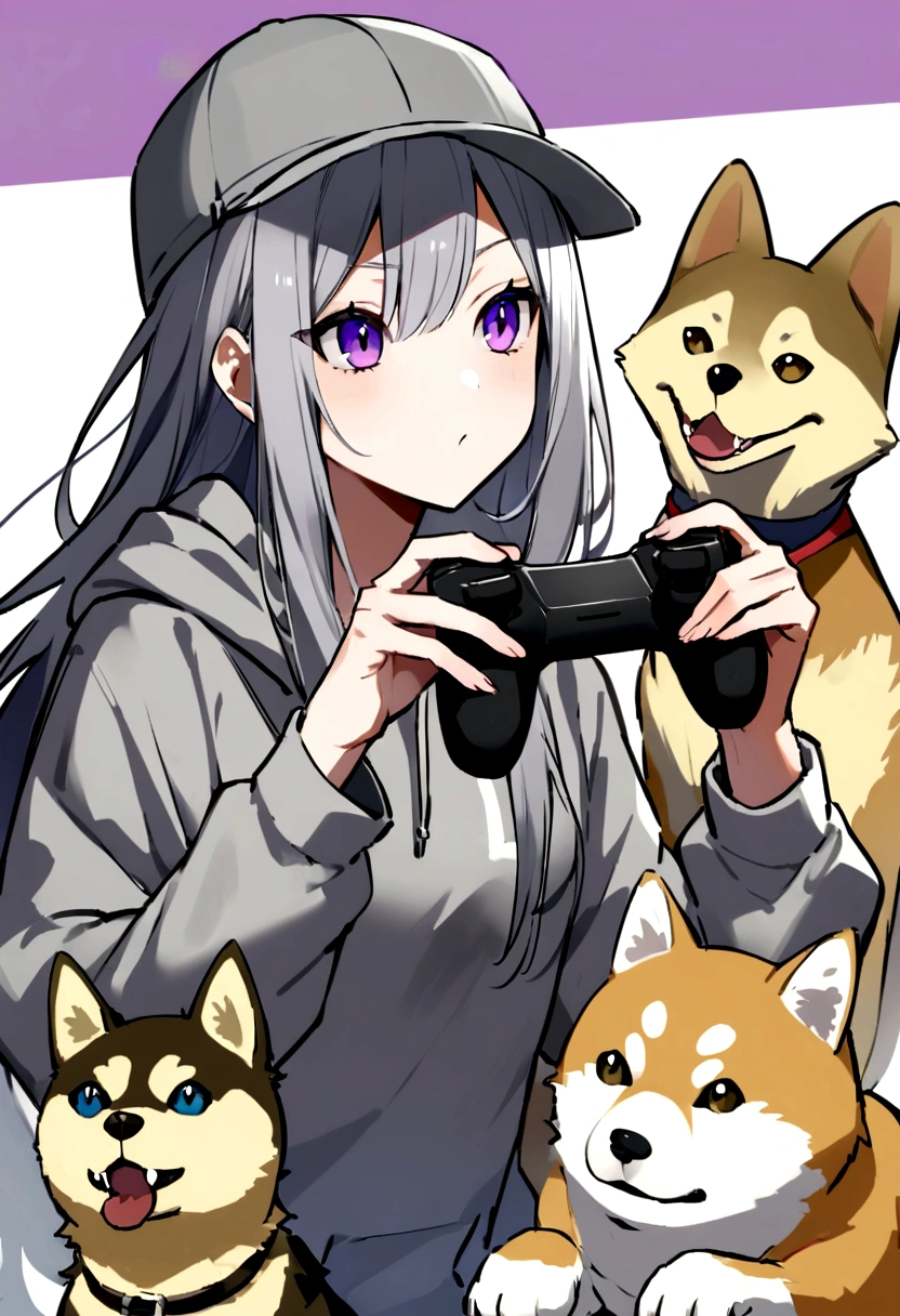Wolf Hair、Purple Eyes、Long eyeliner、I like Shiba Inu, Cat, Have a game controller.、He is wearing a gray hoodie and a gray hat..long hair of white color,。