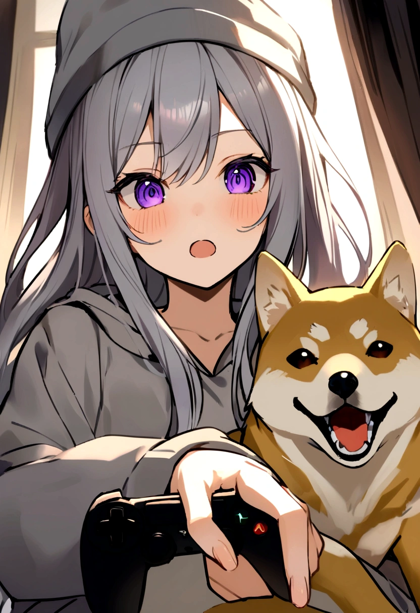 Wolf Hair、Purple Eyes、Long eyeliner、I like Shiba Inu, Cat, Have a game controller.、He is wearing a gray hoodie and a gray hat..long hair of white color,。