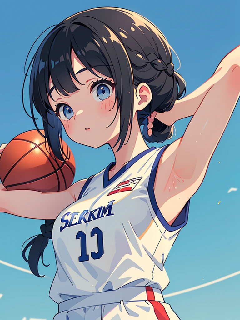 Highest quality、High resolution、Detailed Background、Beautiful Face、High detail、(Perfect Anatomy, Perfect Style)、(Detailed facial expressions)、(fine grain:1.2)、 Beauty、One Girl、Elementblack hair、Braided Bob, Braided, clear, deep blue eyes、Braided Ponytail, Braided bob cut, Basketball game, In the middle of a dunk、In the air due to jumping, ((shoot from above:2, looking up)), (Red, blue and white basketball uniform:1.5, No sleeve:1.5)、((armpit:1.5)), ((large breasts:1.2, pointy breasts:1.2, high breasts:1.2)), gym, Holding a basketball, Photographing the whole body from a distance