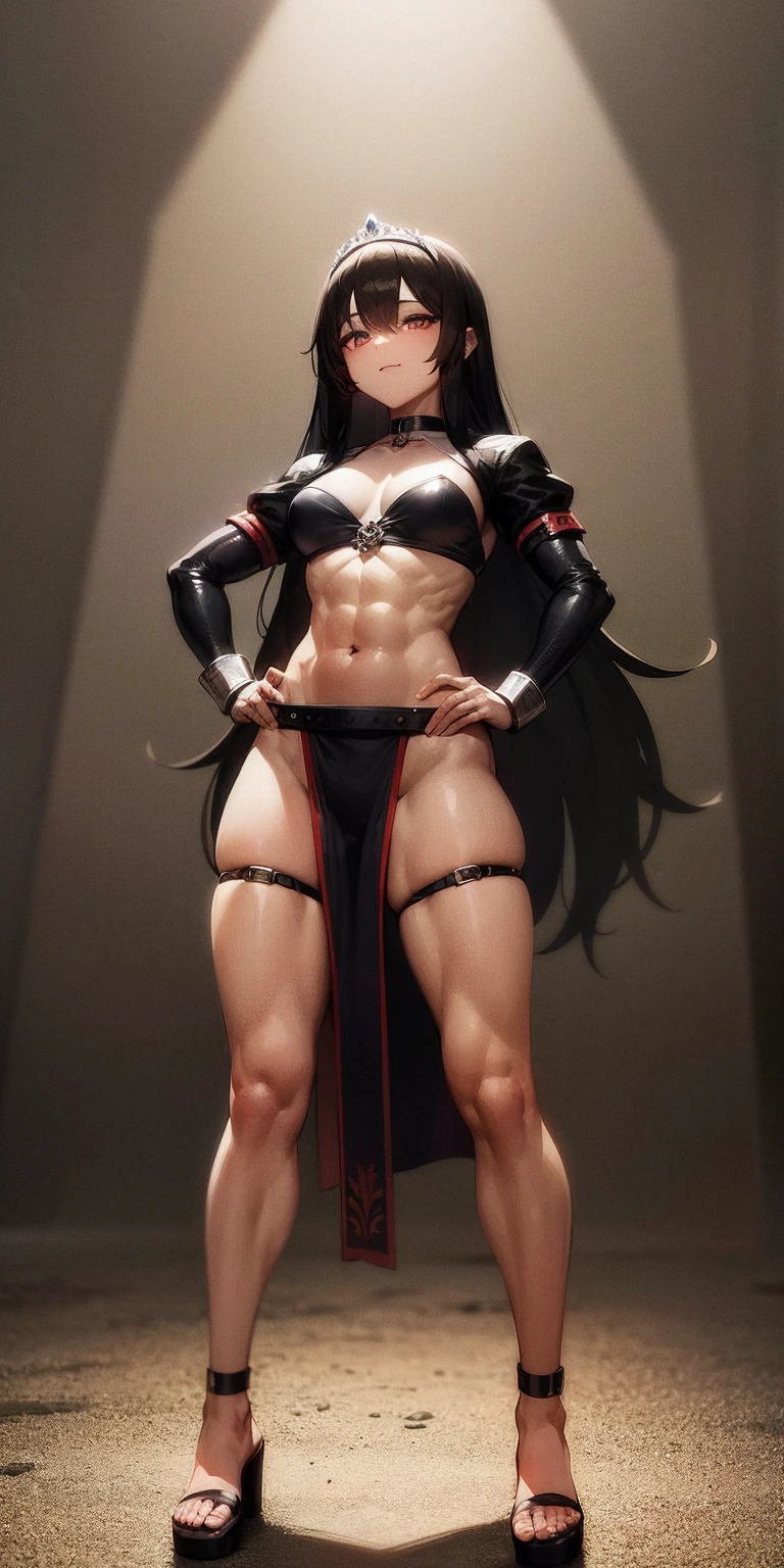 Poppy the keeper blue pale skin full body whole body 1sologirl loincloth standing warrior proud expression, hands on hips, loincloth standing, hands on hips, metal sandals, leather choker with golden bell bellybutton navel, leather corset, big belt, view from below, feet together, bracers, tiara