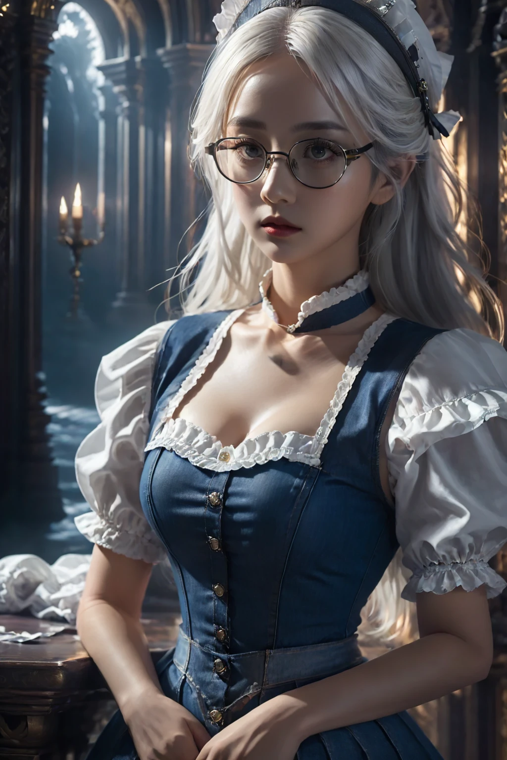 (in the darkness: 1.6),Surreal female portrait, wear glasses,Hair accessories, Fantasy Art, Photorealism, Dynamic Lighting, Art Station, poster, Volumetric Lighting, Very detailed face, 4K, won,, 1 girl, in the darkness, Deep Shadows, Low profile, denim, (maid outfit: 1.4), Long hair, White hair, broken, Luxurious Palace, Royal style,