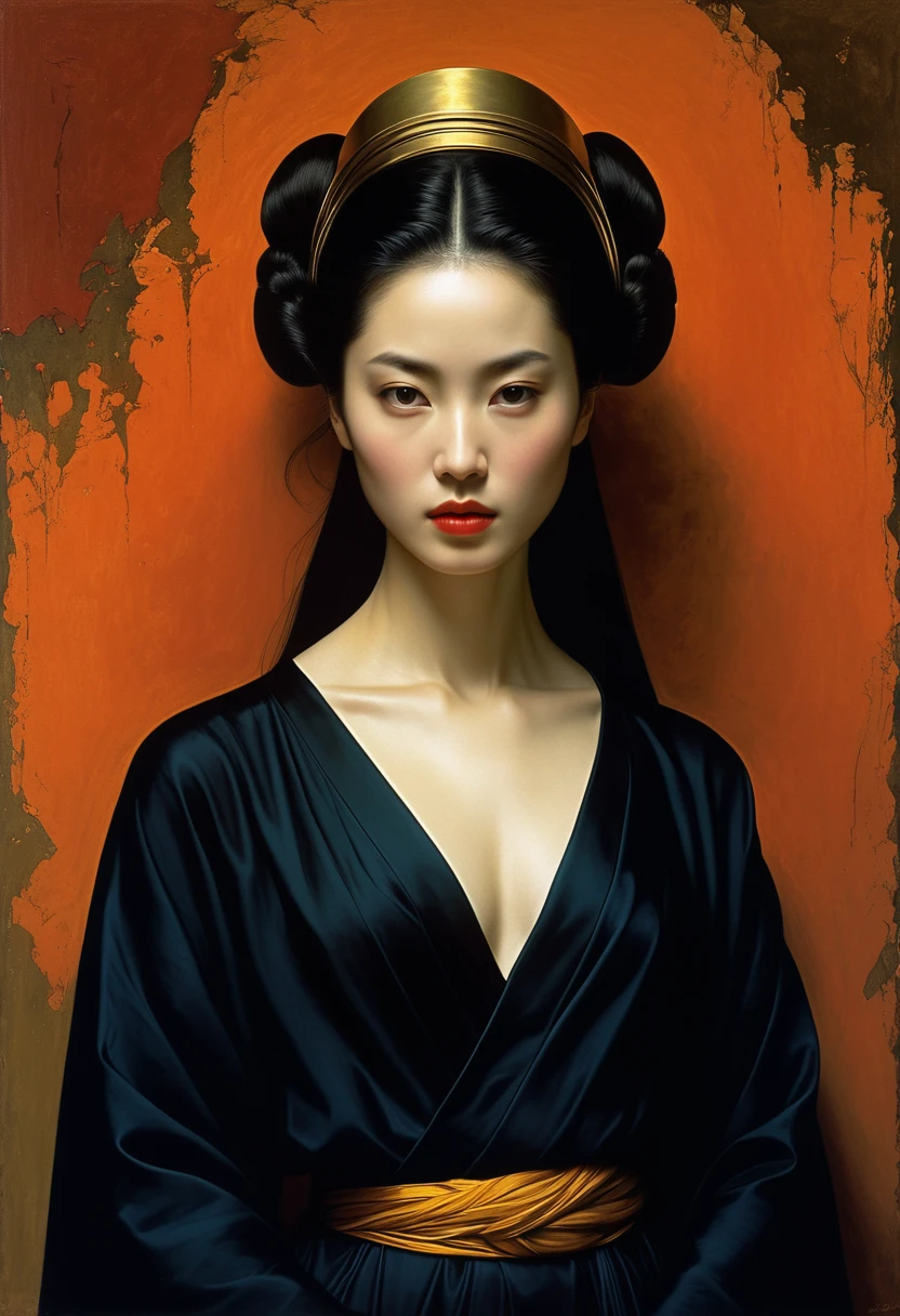 (((Iconic Lady in darkness sunny colors but extremely beautiful))) (((masterpiece,religious, minimalist,mysterious hyperrealistic))) (((Monochrome solid colors))) (((Gorgeous,sophisticated))) (((by Michael Curtiz style,by caravaggio style))),digital artwork by Beksinski,Zhao Liying,Liu Shishi,Liu Yifei