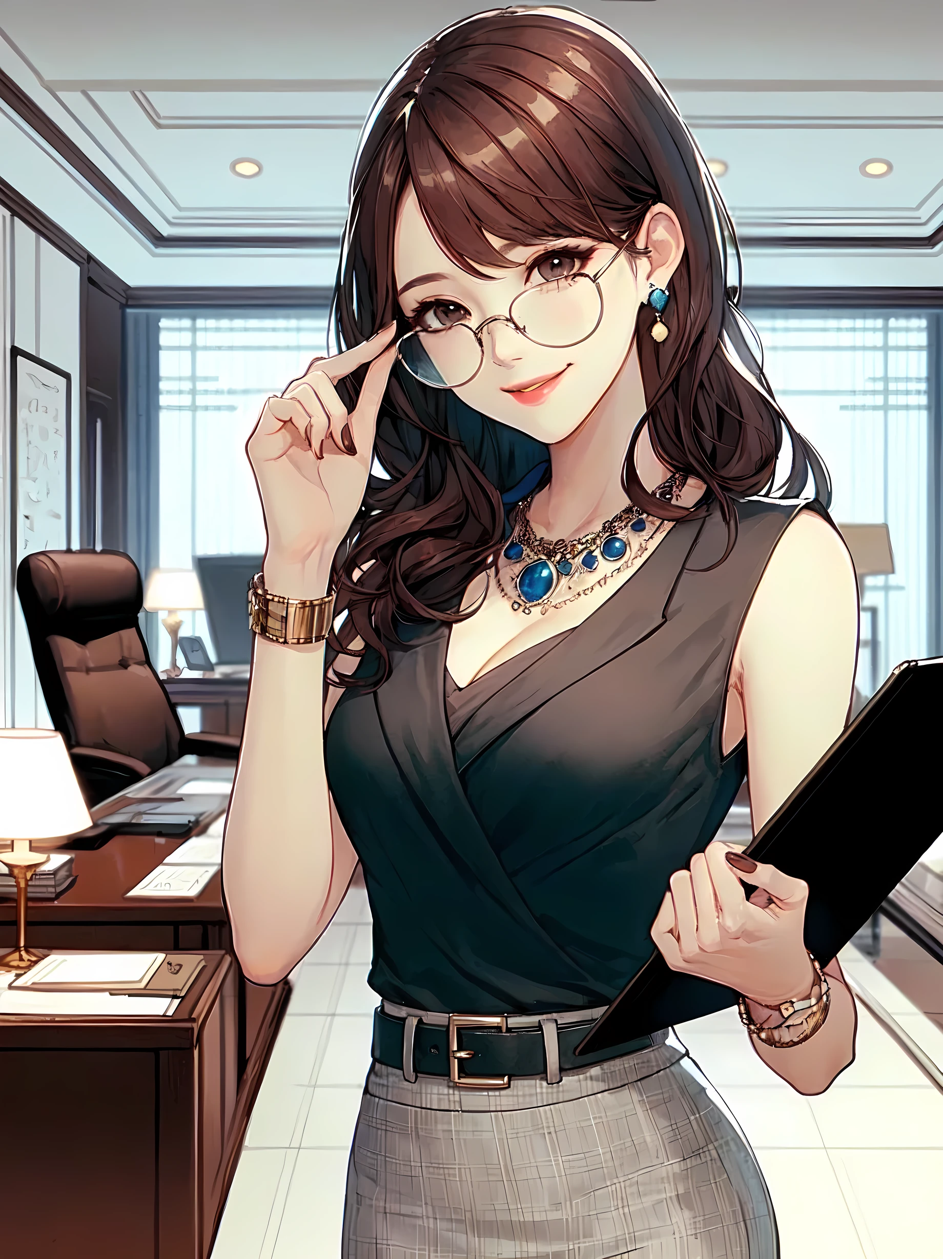 1lady standing, (touching edge of glasses with fingertips), secretary, (office casual) sleeveless, stylish outfit, (pencil skirt), (mature female:0.8), /(brown hair/) bangs, kind smile, (round glasses:1.1) eyewear, (masterpiece best quality:1.2) delicate illustration ultra-detailed, large breasts, (holding clipboard) BREAK (executive office) indoors, office, detailed background