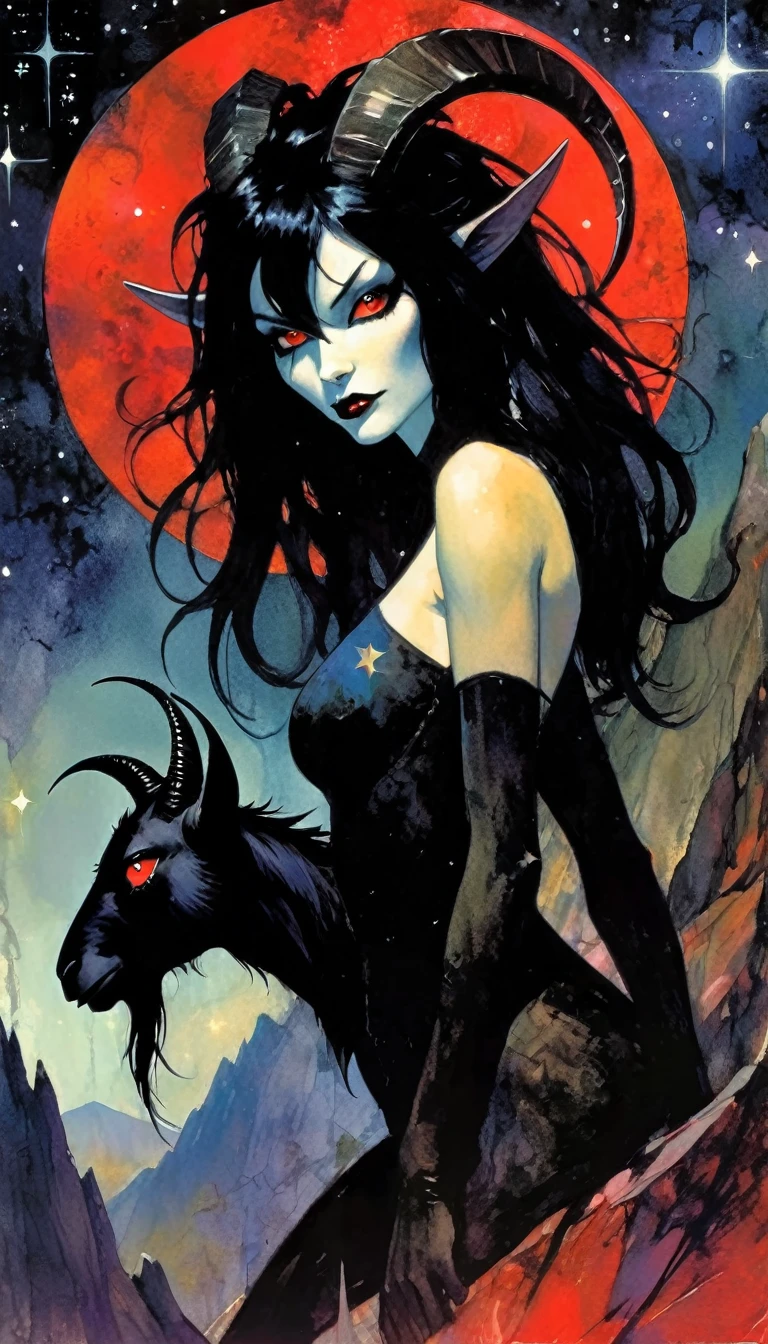 black goat with red eyes and sinister and sexy black hair girl, dark mountain, sinister, stars, background,  art inspired by Bill Sienkiewicz 