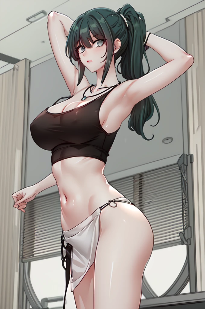 yelenadef, green hair, green eyes, medium hair,
1girl, black tanktop, loose tanktop, midriff, closed mouth, necklace, large breasts, looking at viewer, ponytail, solo, very long hair, white background, (masterpiece),(best quality), armpits, sweat, netorare, heavy breathing