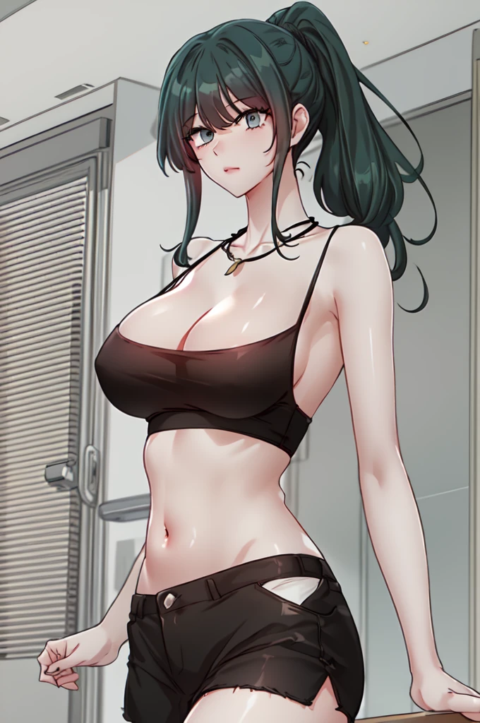 yelenadef, green hair, green eyes, medium hair,
1girl, black tanktop, loose tanktop, midriff, closed mouth, necklace, large breasts, looking at viewer, ponytail, solo, very long hair, white background, (masterpiece),(best quality), armpits, sweat, netorare, heavy breathing