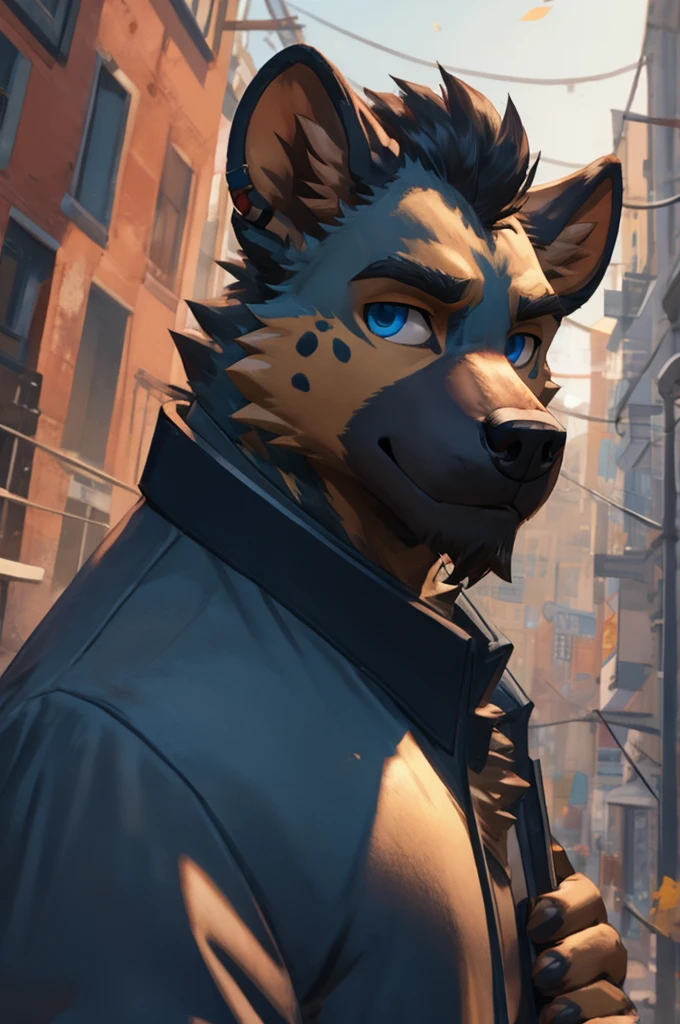 hyena, scruffy fringe, navy blue collar, blue eyes, good eyes, team fortress 2 style