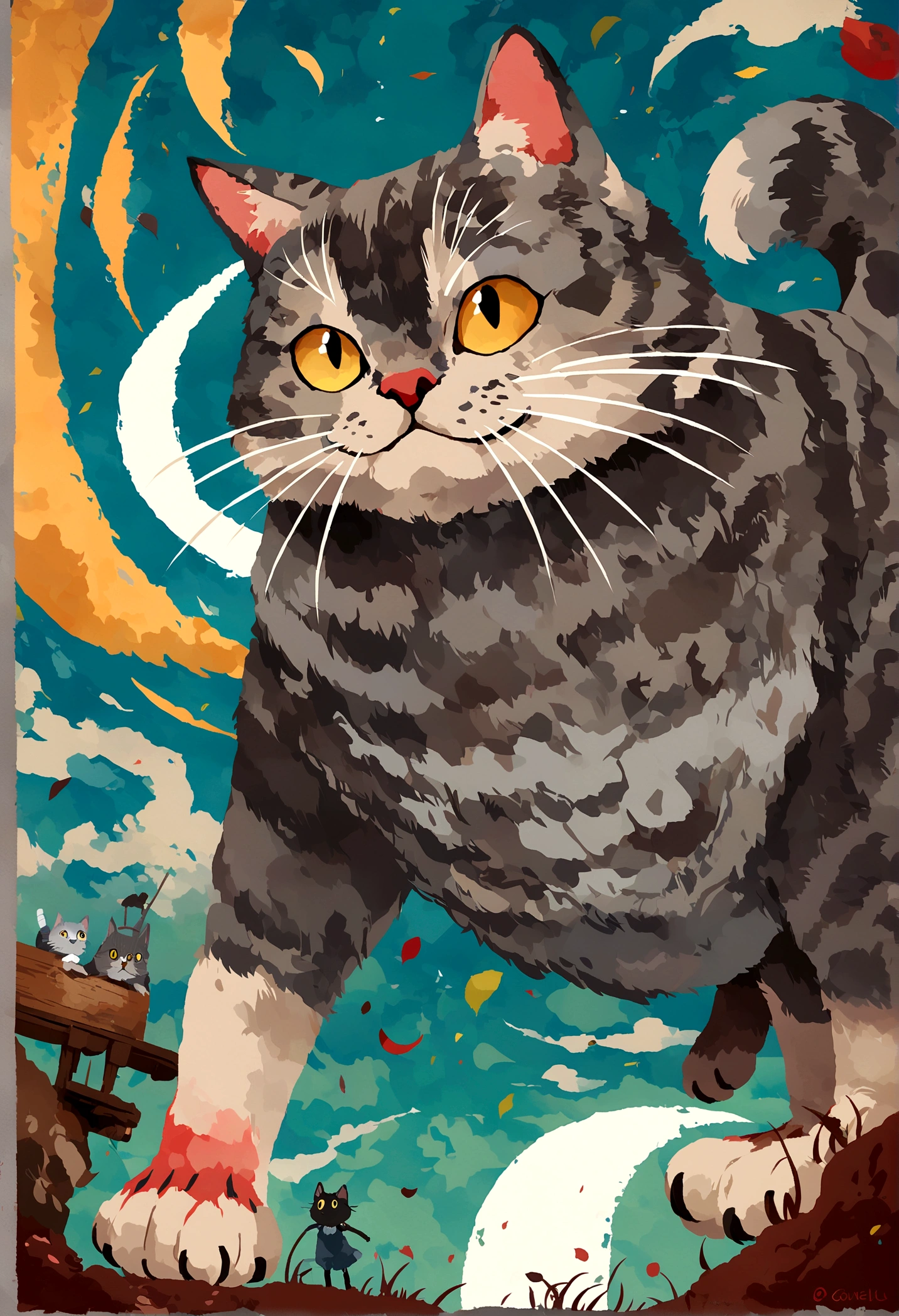 super gato, Dark grey Tabby cat with white bottom, studio_ghibli_anime_style style, 2d
