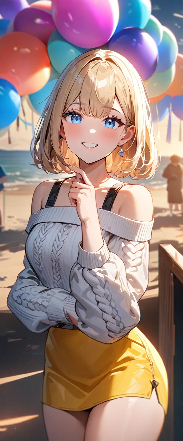 (((One girl))), ((beach)), noon, blond hair, bob cut, breasts, from front, (cowboy shot), standard body, (looking at viewer), ((off-shoulder {black} knit sweater, Quite thick shoulder straps)), ((Balloon sleeve)), teenager, head tilt:1.3, (((blue eye))), ((happy smile)), anime style, (best quality, 4k, 8k, highres, masterpiece:1.2, ultra-detailed, ultra-detailed eyes, HDR, UHD, studio lighting, ultra-fine painting, sharp focus, physically-based rendering, extreme detail description, professional, vivid colors, bokeh), ((Highest quality, Best image quality, Ultra-high resolution, Ultra-high resolution, solo, Strong eye highlights)), Depth of written boundary, Natural soft light, attractive, Beautiful Face, Cleanliness, Pure Face, nedium chest, Beautiful Face, Perfect Fingers, Perfect hands, Perfect body, Perfect Face, Shine a light into your eyes, Perfect Anatomy