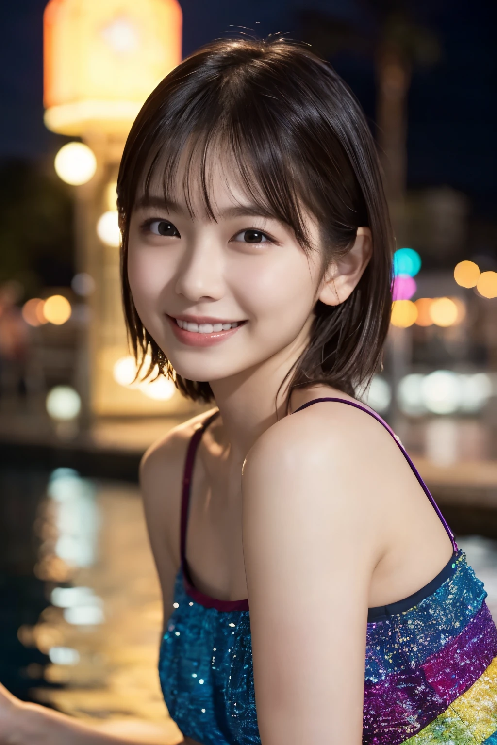 1 Girl, (Wearing a rainbow dress:1.2), (Supercluster), Very beautiful Japanese idol portraits,
(RAW Photos, Highest quality), (Realistic, Realistic:1.4), (masterpiece),
Very delicate and beautiful, Very detailed, 2k wallpaper, wonderful, finely, Very detailed CG Unity 8K wallpaper, Very detailed, High resolution, Soft Light,
Beautiful detailed girl, Very detailed eyes and face, Beautiful and sophisticated nose, Finely beautiful eyes, Cinema Lighting,
(Fashion magazine photography:1.3), (Outdoor), (Night lights), (water front),
(short hair),
Complete Anatomy, Slender body, Small , smile