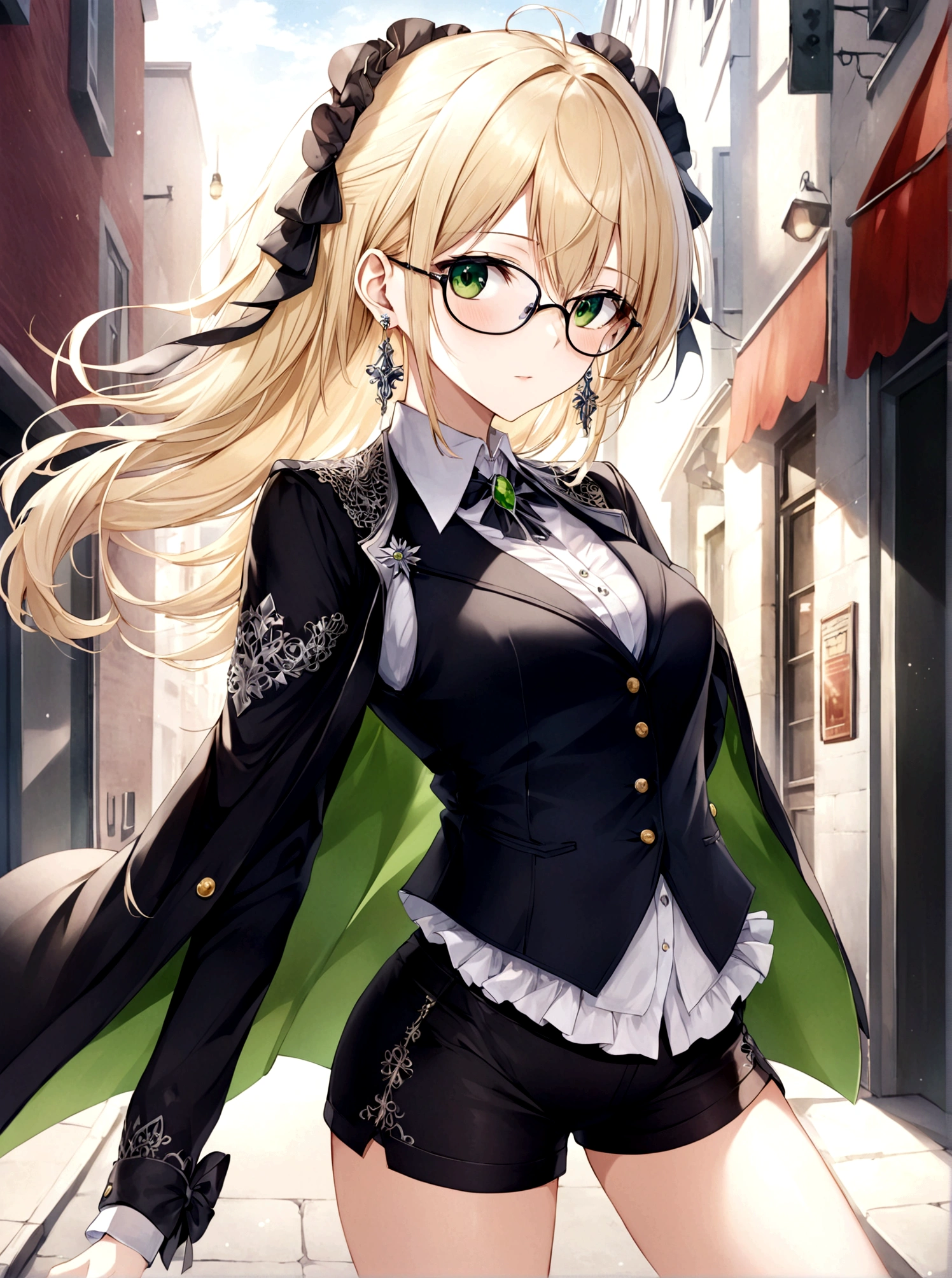 artoria pendragon, Type-Moon, fate/ stay night,floating，comiccore，filigree quasar，super realistic，super detailed wallpaper，8K，Aho，Green eyes，Royal sister，Long blond hair，Wearing silver glasses，Black vest，Delicate and small earrings，Black coat，Exposing belly，Wearing black silk，Long legs，Black shorts，Black high heels，On the Street，Dynamic Angle，Dynamic poses，Best picture quality，Original，high quality， --ar 9:16 --q 5 --niji 5