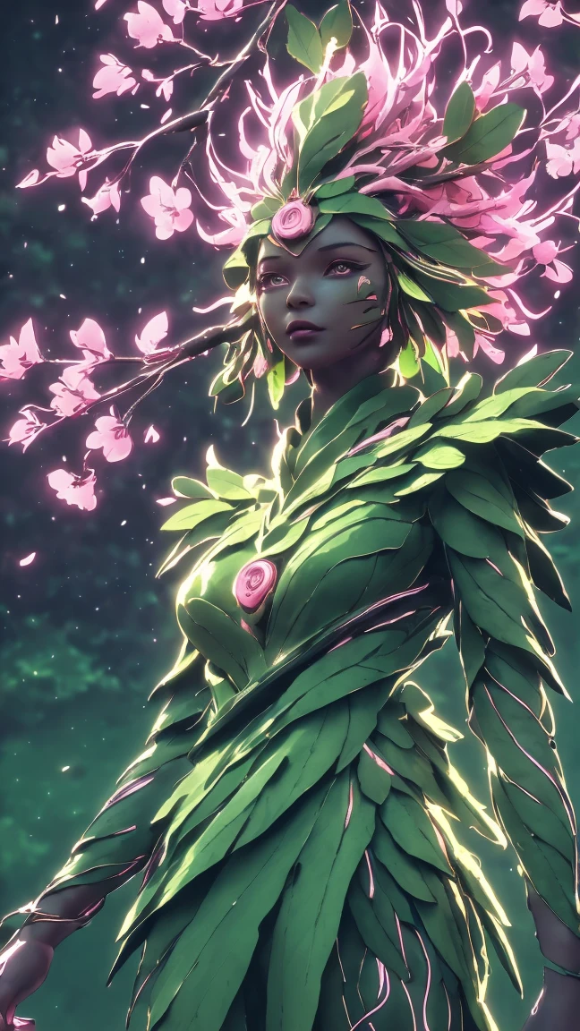 A woman in a green and pink outfit standing in front of a tree Plant Maiden,metal leaf,Wired branch,glowing light eyeechanical bark,bark covered with moss,tribe outfit,majestic figure,(ancient tribal markings),Control the tendrils extending from the arms,Neon lights dance on the body,(Lightning around branches and leaves),(peach blossom),The petals are soft and delicate,vibrant with colors,(A harmonious blend of green and pink),(Ominous dark clouds in the sky),Night atmosphere,A futuristic,Vibrant colors and high-contrast lighting,Dramatic shadows and highlights.(Best quality at best, 4K, 8K, tmasterpiece: 1.2), (actual, photograph realistic, photograph realistic: 1.37)