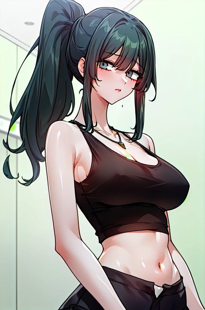 yelenadef, green hair, green eyes, medium hair,
1girl, black tanktop, loose tanktop, midriff, closed mouth, necklace, large breasts, looking at viewer, ponytail, solo, very long hair, white background, (masterpiece),(best quality), armpits, sweat, netorare, heavy breathing