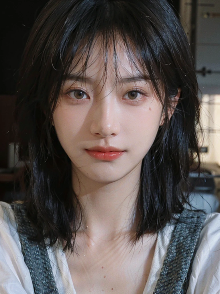 (Skin details:1.4), (smooth skin textures:1.3), (Upper body:1.4),(Upper Body:1.3)Lipstick, background, earrings, serene, calm, Suspenders,(Realistic and detailed eyes:1.2), Natural skin texture, Realistic facial details, Soft dramatic lighting, Vivid details, 35 mm film, outdoor, (Photo Practical:1.4), (hyper Practical:1.4), (Practical:1.3), (Smoother lighting:1.05), (Improve lighting quality:0.9), (Highest quality real skin textures:1.4), Exquisite eyes, Delicate face, Close-up of face, (Enhance the beauty of skin texture:1.1), Hair details,(Large Breasts:1.3)normal body ratio, short hair, Moles under the eyes, A faint smile,Portrait Photography, Depth of Field, Bokeh, Surrealism, Ray Tracing, (Portrait Photography:1.1), Surrealism, High Detail, Chiaroscuro, Ray Tracing, reflected light, Ultra HD, Ultra HD, masterpiece, Textured Skin, Super Detail, High Detail, high quality, best quality