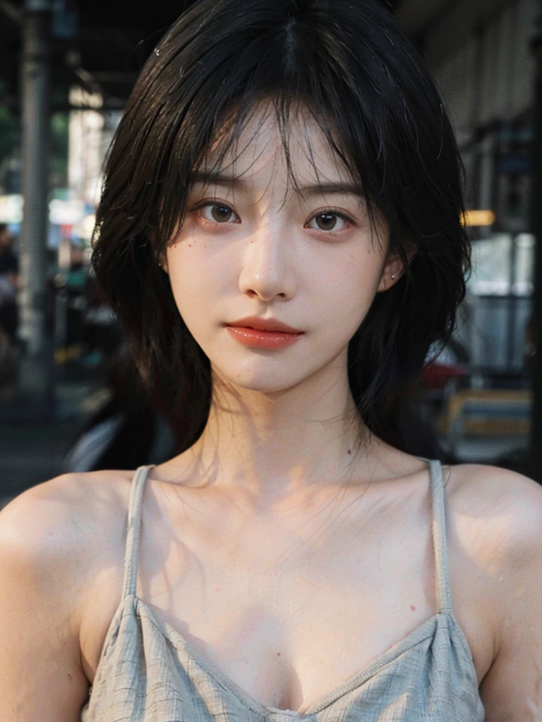 (Skin details:1.4), (smooth skin textures:1.3), （Upper body：1.4），（Upper Body：1.3）Lipstick, background, earrings, serene, calm, Suspenders，(Realistic and detailed eyes：1.2）, Natural skin texture, Realistic facial details, Soft dramatic lighting, Vivid details, 35 mm film, outdoor, (Photo Practical:1.4), (hyper Practical:1.4), (Practical:1.3), (Smoother lighting:1.05), (Improve lighting quality:0.9), (Highest quality real skin textures:1.4), Exquisite eyes, Delicate face, Close-up of face, (Enhance the beauty of skin texture:1.1), Hair details,（Large Breasts：1.3）normal body ratio, short hair, Moles under the eyes, A faint smile,Portrait Photography, Depth of Field, Bokeh, Surrealism, Ray Tracing, (Portrait Photography:1.1), Surrealism, High Detail, Chiaroscuro, Ray Tracing, reflected light, Ultra HD, Ultra HD, masterpiece, Textured Skin, Super Detail, High Detail, high quality, best quality