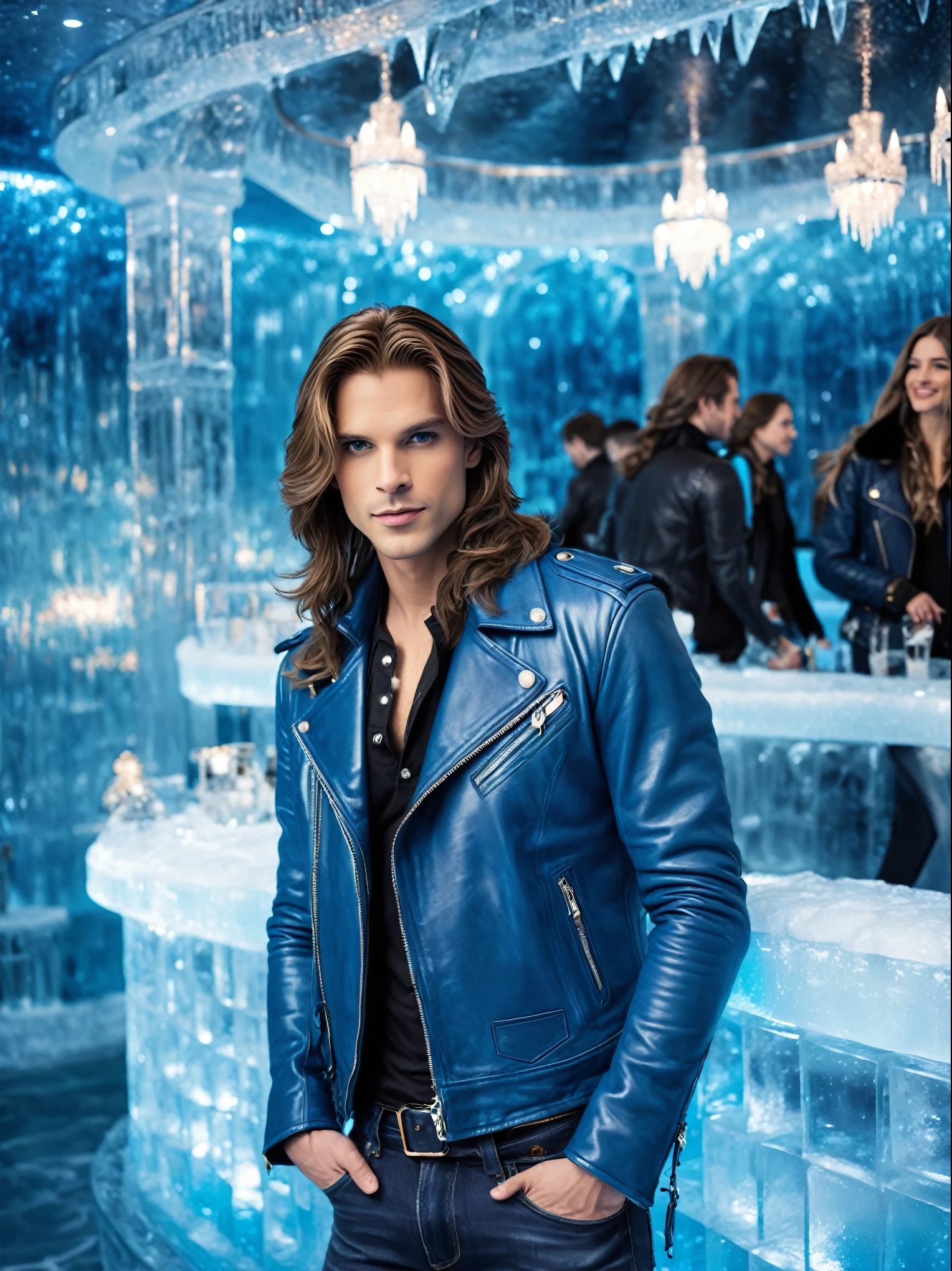 The prince that every girl desires, long hair, Blue leather jacket, jeans. Inside a ice palace and ice bar.