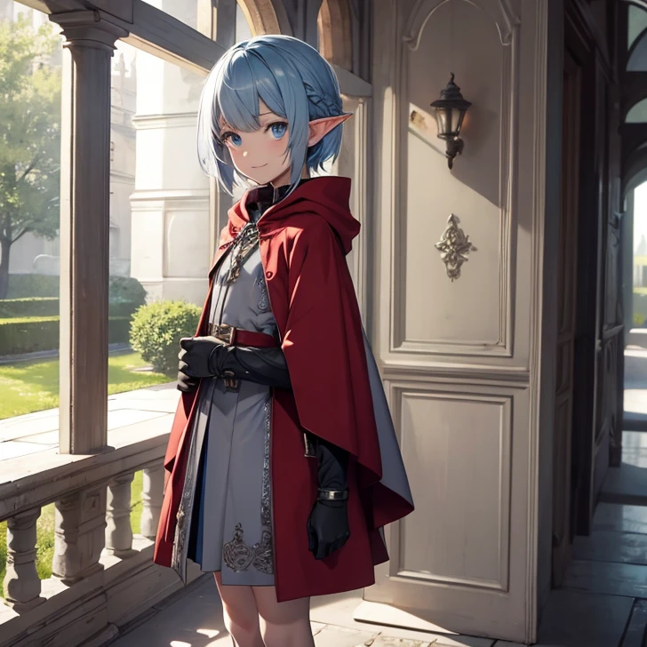 (Absurdres, best high quality, very detailed pixels and textures, carefully detailed quality, solo character alone, full character view)
{1character 9  male elf boy}, he has pale skin, thick messy blue pure-blue hair, heterochromatic eyes, very thin lips, short body, cute arms, cute legs, (wearing a pale grey tunic, red red cloak, pale grey bracelets, grey gloves, pale grey boots, red and green hair pin), (holding a short silver knife), beautiful male kid, cute face, relaxed smile, adorable, cheerful.
Standing in dannish castle yard.