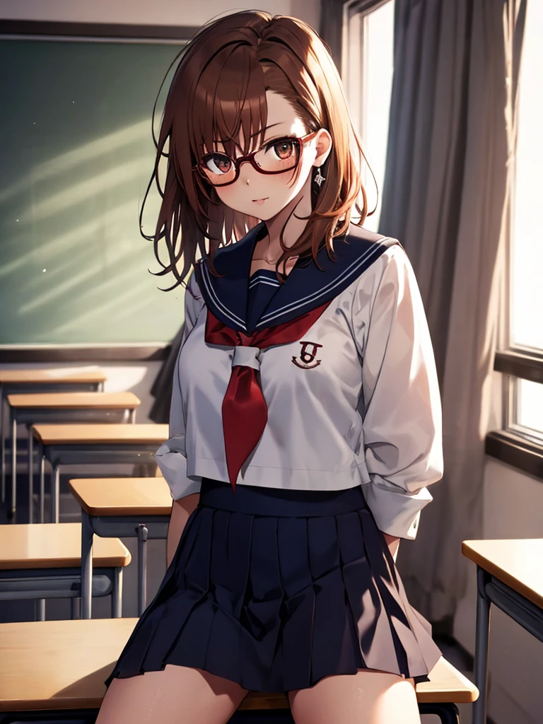 wearing glasses, Sailor suit, classroom, Sit on a chair, (masterpiece), highest quality, Misaka Mikoto, 1girl, uhd, retina, masterpiece, ccurate, anatomically correct, textured skin, super detail, high details, high quality, best quality, highres, 4K
