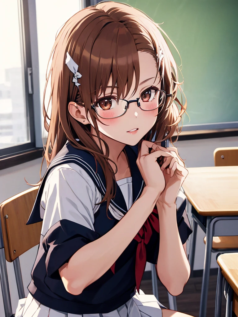 wearing glasses, Sailor suit, classroom, Sit on a chair, (masterpiece), highest quality, Misaka Mikoto, 1girl, uhd, retina, masterpiece, ccurate, anatomically correct, textured skin, super detail, high details, high quality, best quality, highres, 4K