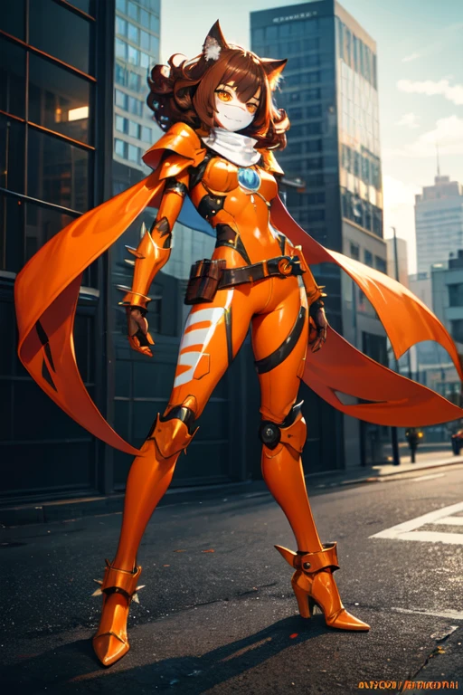 ((best quality)), ((masterpiece)), (detailed), 1 girl, full body, 20s, young adult, masked, eye mask, orange mask that covers half of her face, spiked mask, evil smile, metallic goblin ears, long white scarf, gremlin, yellow cat eyes, curly brown hair with a lock, brown neck, somewhat short, very thin, hunched over, long metal claws, spikes on her forearms, brown details, brown fingerless gloves, orange wristbands, orange nanotech suit, light armor, orange breastplate with an emblem, high shoulder pads, orange suit with brown stripes, brown tiger stripes, triangle emblem on her chest, very small breasts, orange emblem, orange pants, orange knee pads, metallic orange boots, metallic orange shoes, brown superhero belt, standing on a building, city background, anime