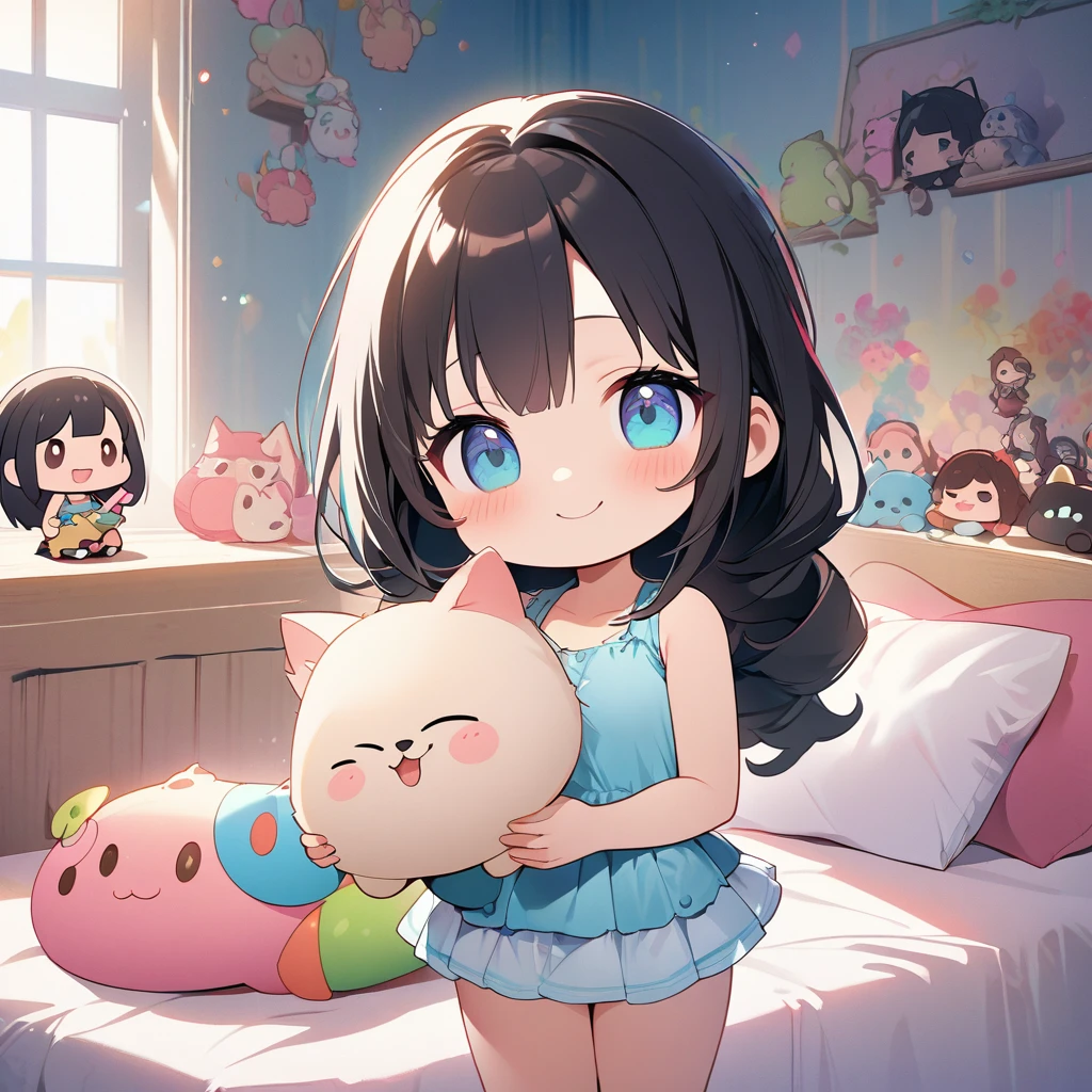 masterpiece、Highest quality、Depth of subject、((2D illustration))、1 beautiful girl、((colorful))、(((chibi style)))、((Long, beautiful hair))、Light black hair、ribbon、cute、Beautifully detailed eyes、Tank top、((mini skirt))、(((vivid color))、socks、((in the room))、((bed))、stuffed toy、((medium shot))、((Very happy face))、((Holding a kitten))、((There&#39;s a lot of pink around))、((Lens flare))、White light is shining、Sunbeam、My whole body was filled with light、Cinematic lighting、Full body lighting